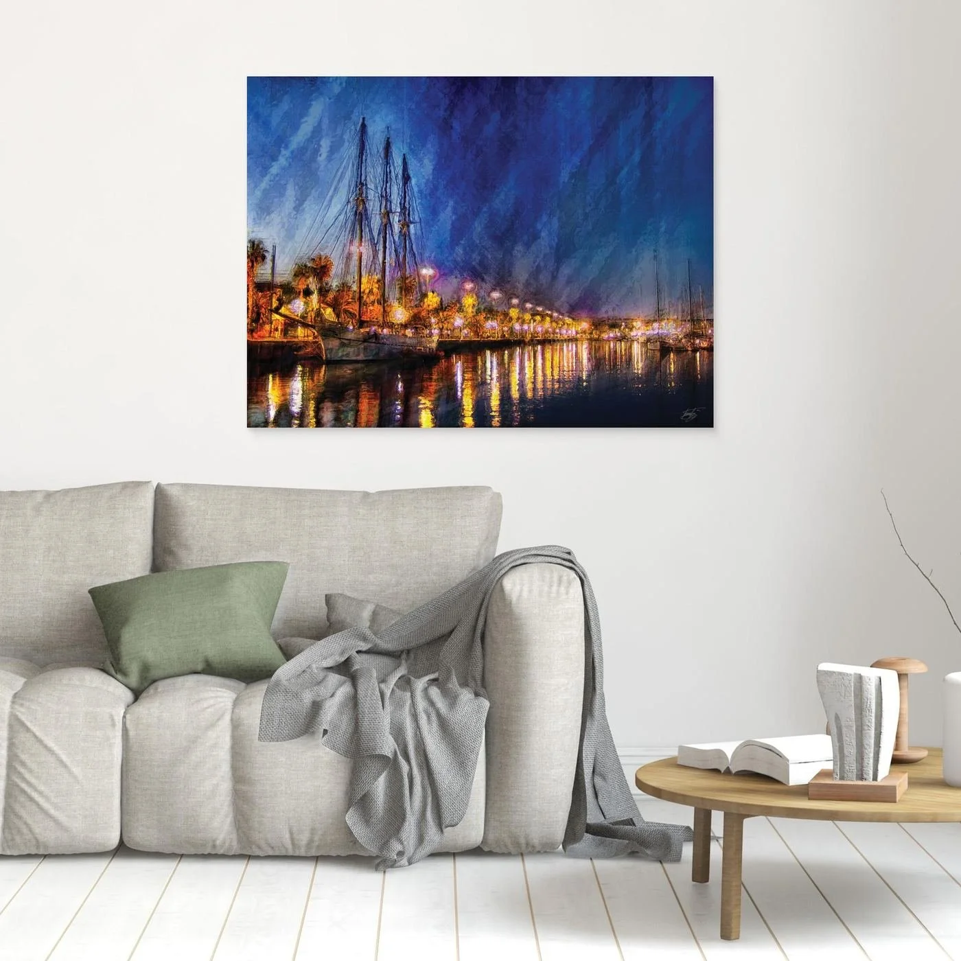 Expressionist fine art of a night landscape of Port Vell in Barcelona, with a sailboat, palm trees, illuminated street lamps, and reflections on water, framed and ready to hang. In living room