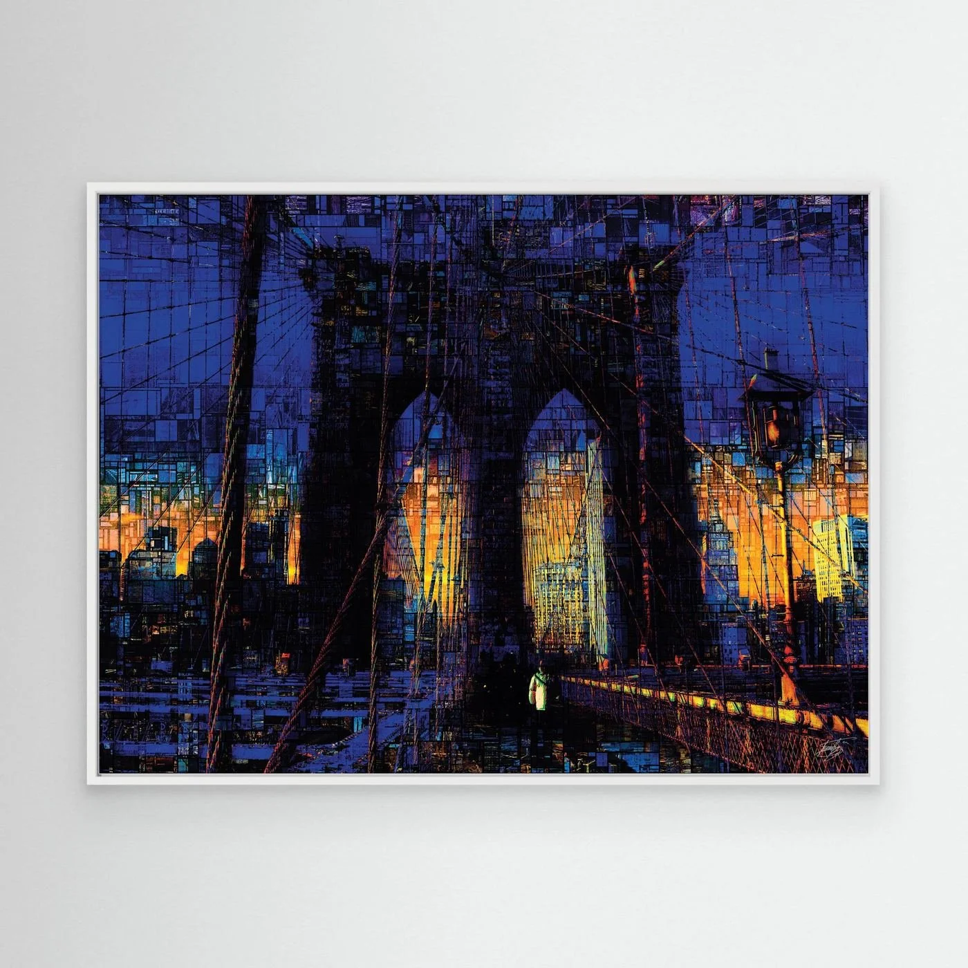 Abstract fine art print of the Brooklyn Bridge at sunset featuring a complex mosaic and pixelated texture in deep blue and vibrant golden tones, framed and ready to hang. With white frame