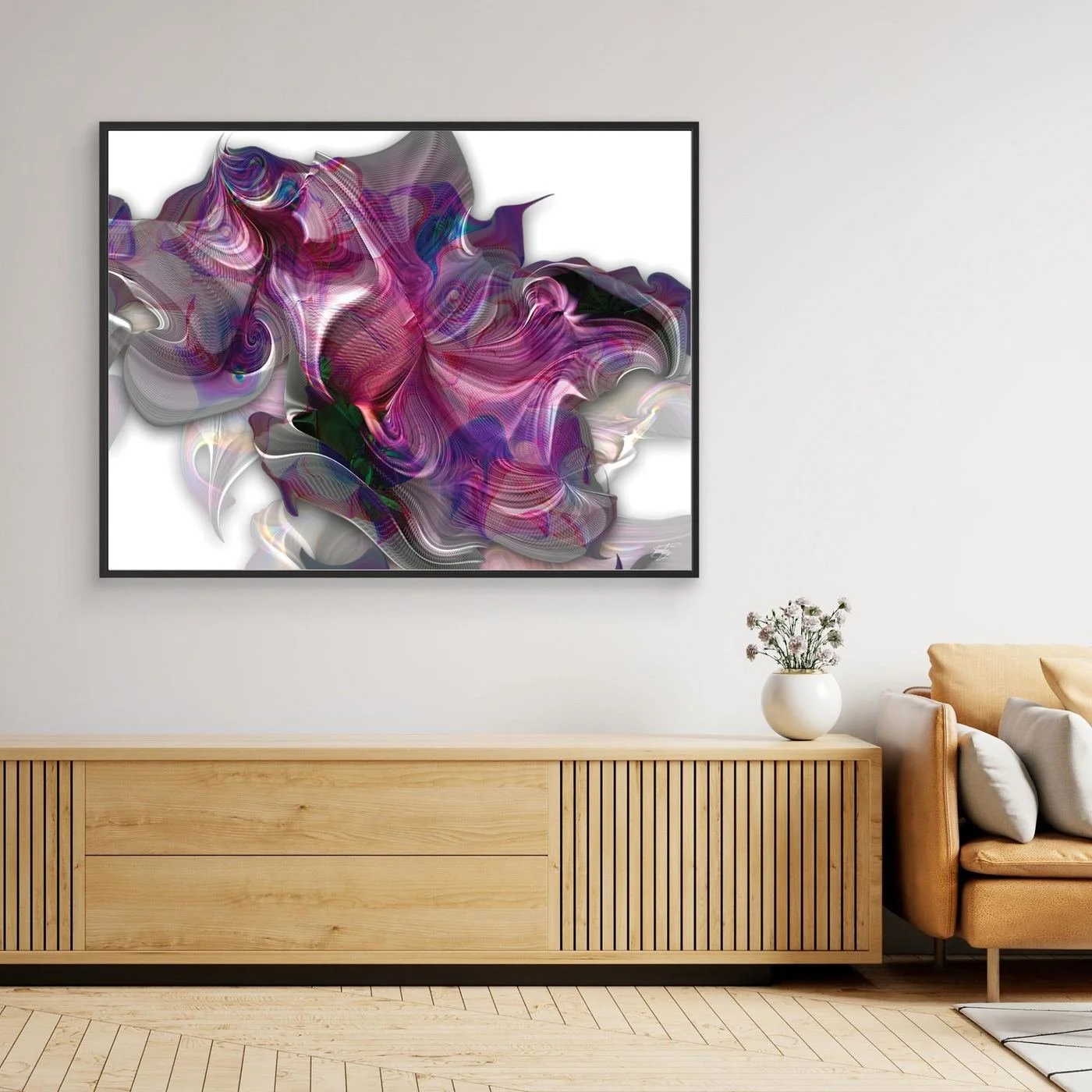 Abstract fine art print showcasing a complex, swirling organic shape with electric magenta, pink, and violet line patterns over a bright white background, framed and ready to hang. Over wooden console