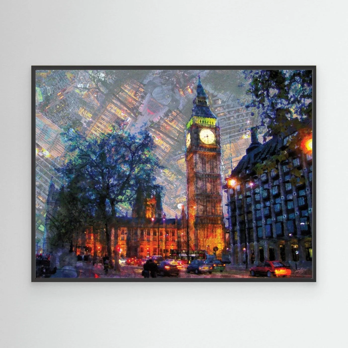 Impressionist fine art print showcasing London's Big Ben illuminated at night with a surreal textured sky featuring inverted city architectural patterns, framed and ready to hang. With black frame