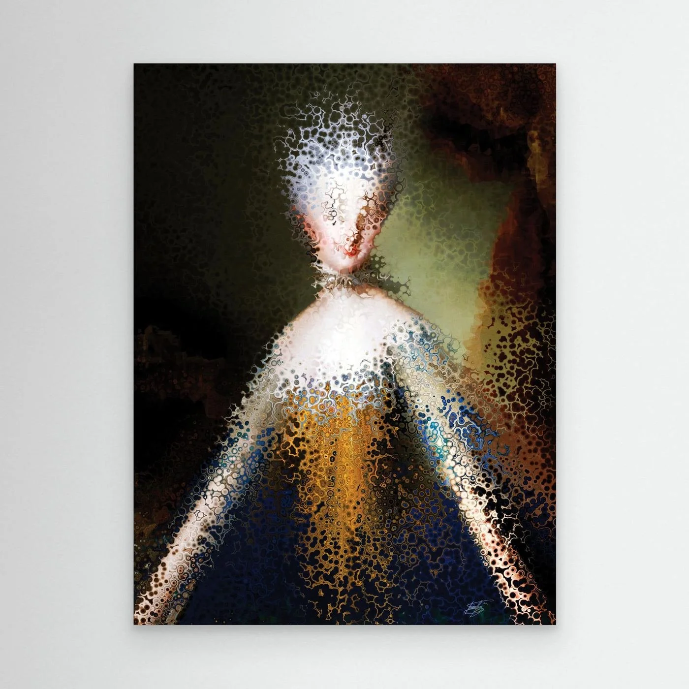 Contemporary fine art print showcasing a deconstructed classical royal portrait with complex fractal and cellular stipple patterns in gold and dark blue, framed and ready to hang.