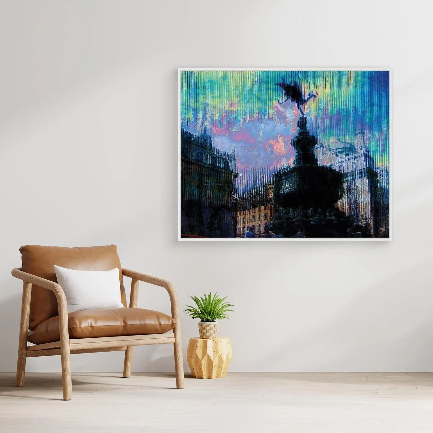 Contemporary fine art of Piccadilly Circus in London, deconstructed through a vertical glitch texture with a vibrant twilight color palette, framed and ready to hang. With chair