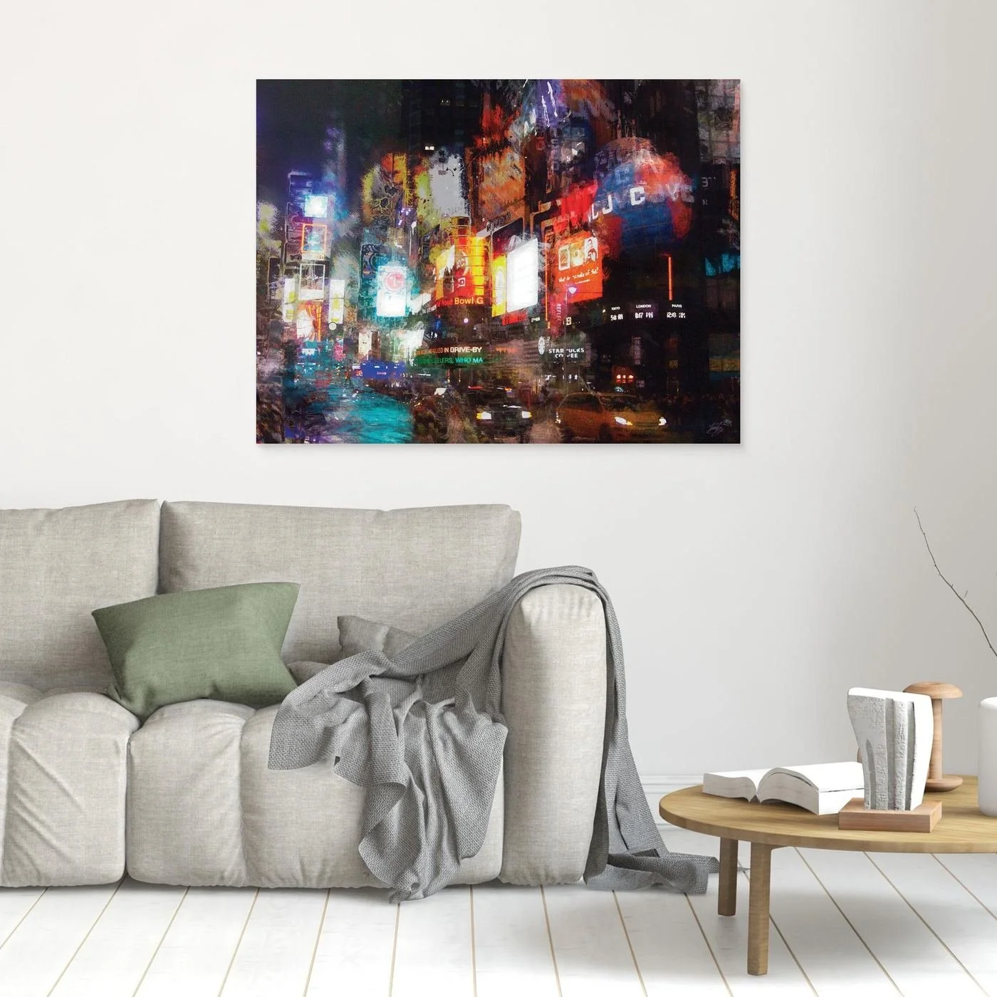 Expressionist art print of a vibrant night landscape of Times Square, with textured illuminated billboards, city traffic, and glowing neon reflections, framed and ready to hang. In living room