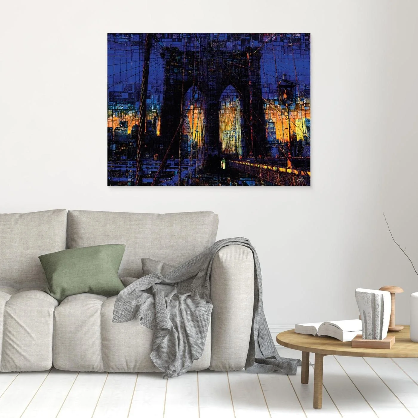 Abstract fine art print of the Brooklyn Bridge at sunset featuring a complex mosaic and pixelated texture in deep blue and vibrant golden tones, framed and ready to hang. In living room