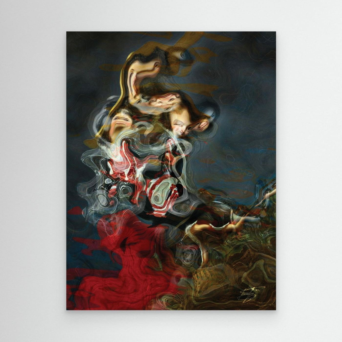 Contemporary fine art print of a surreal, liquid deconstruction of Baroque cherub figures with smoky textures and a crimson red and ocher color palette, framed and ready to hang.