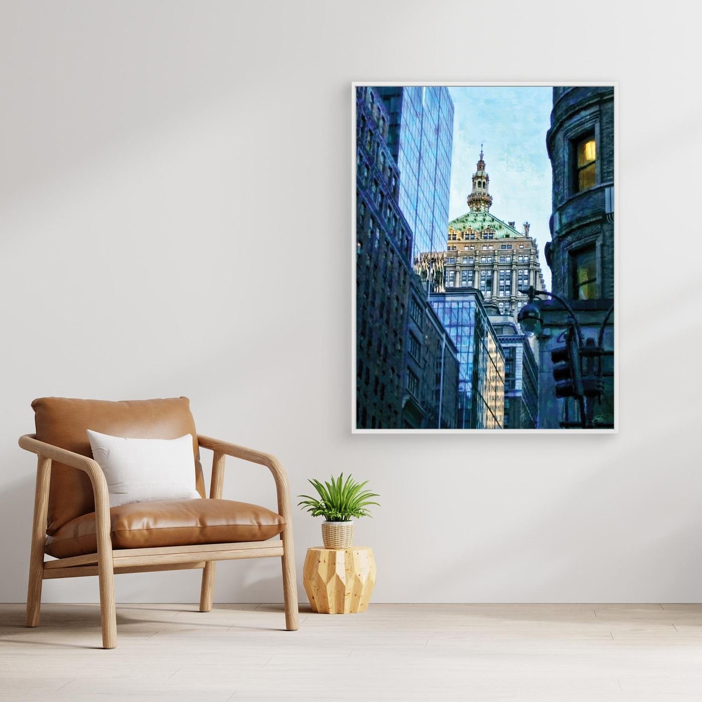 Impressionist art print of a Manhattan street perspective, with an historic building dome framed by modern blue glass skyscrapers, framed and ready to hang. With chair