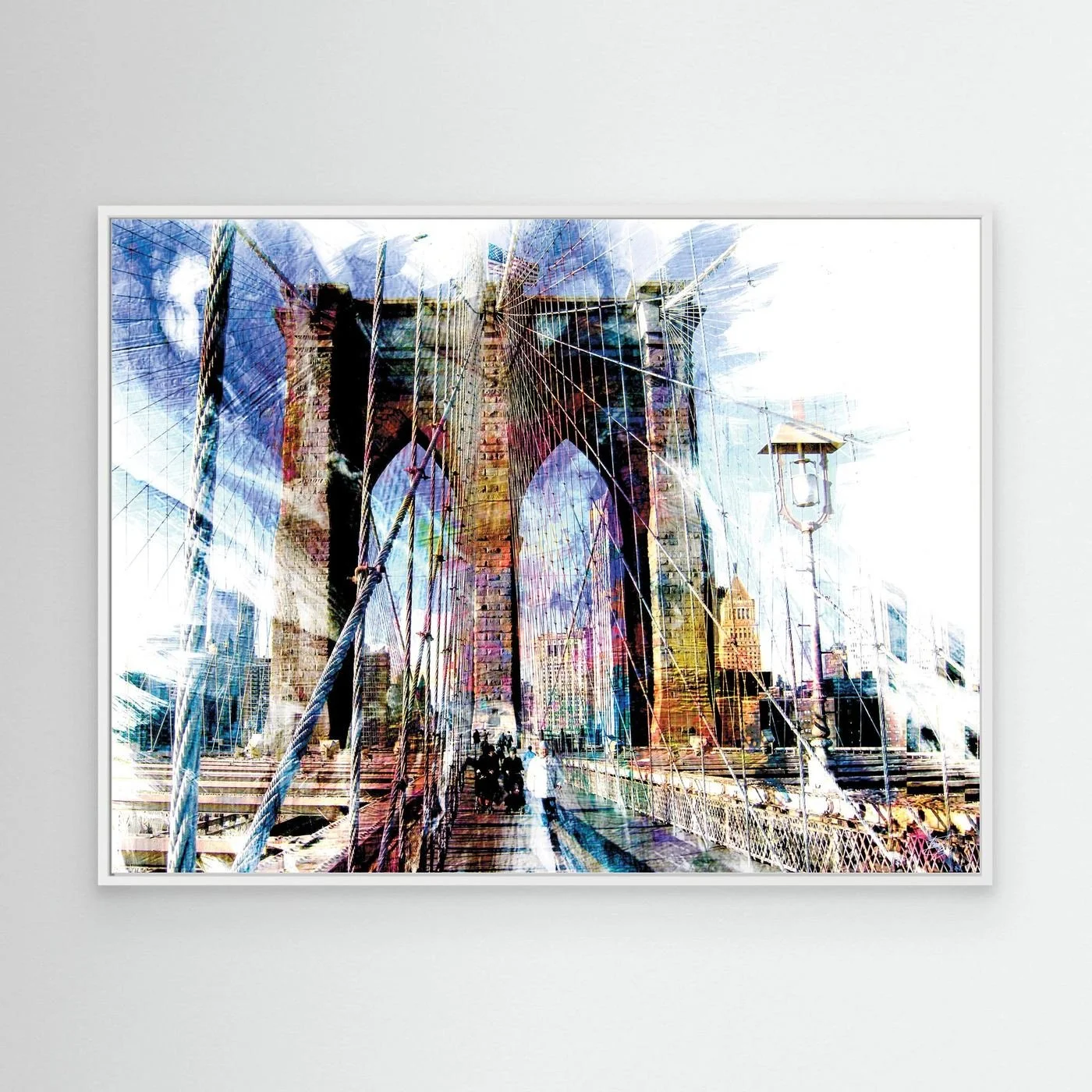 Expressionist fine art print of a dramatic walking perspective of the Brooklyn Bridge with high-contrast architectural line textures and bright highlights, framed and ready to hang. With white frame