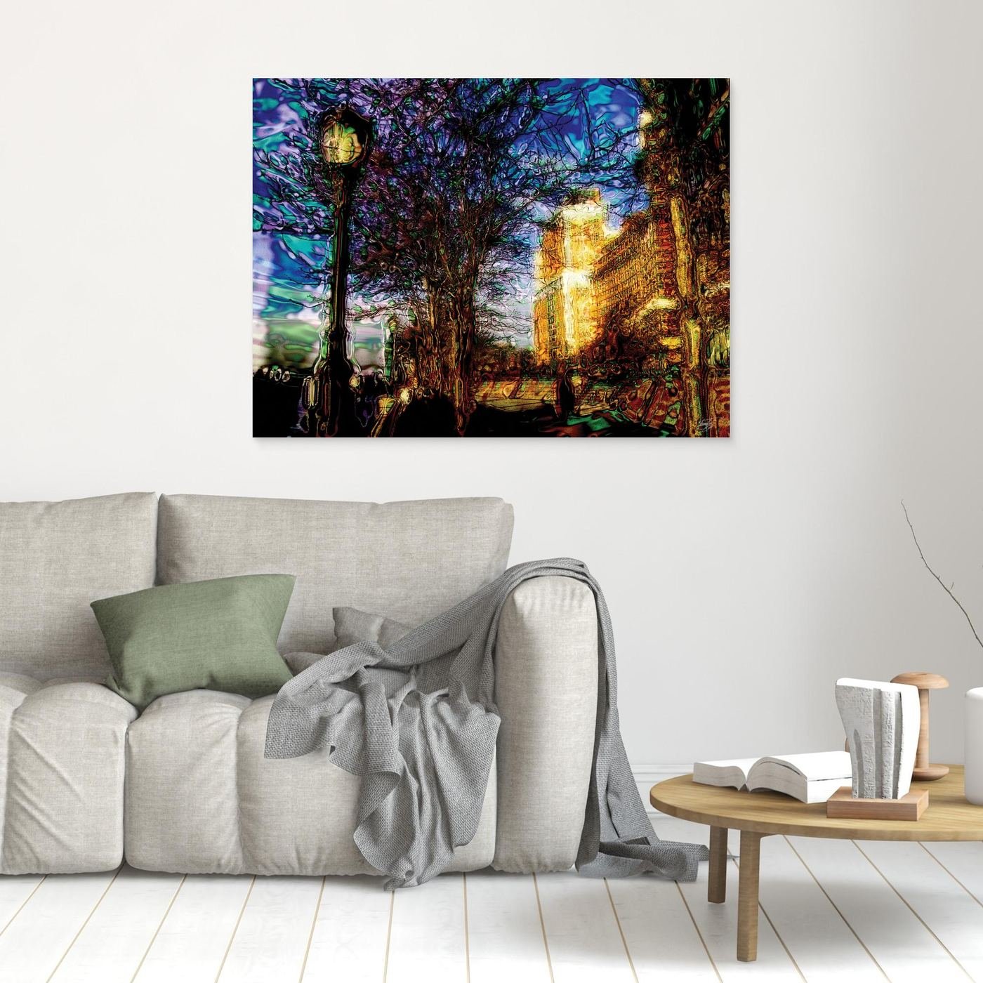 Abstract fine art print of a surreal city park at night with street lamp, bare trees, and electric blue, purple, and glowing gold liquid textures, framed and ready to hang. In living room