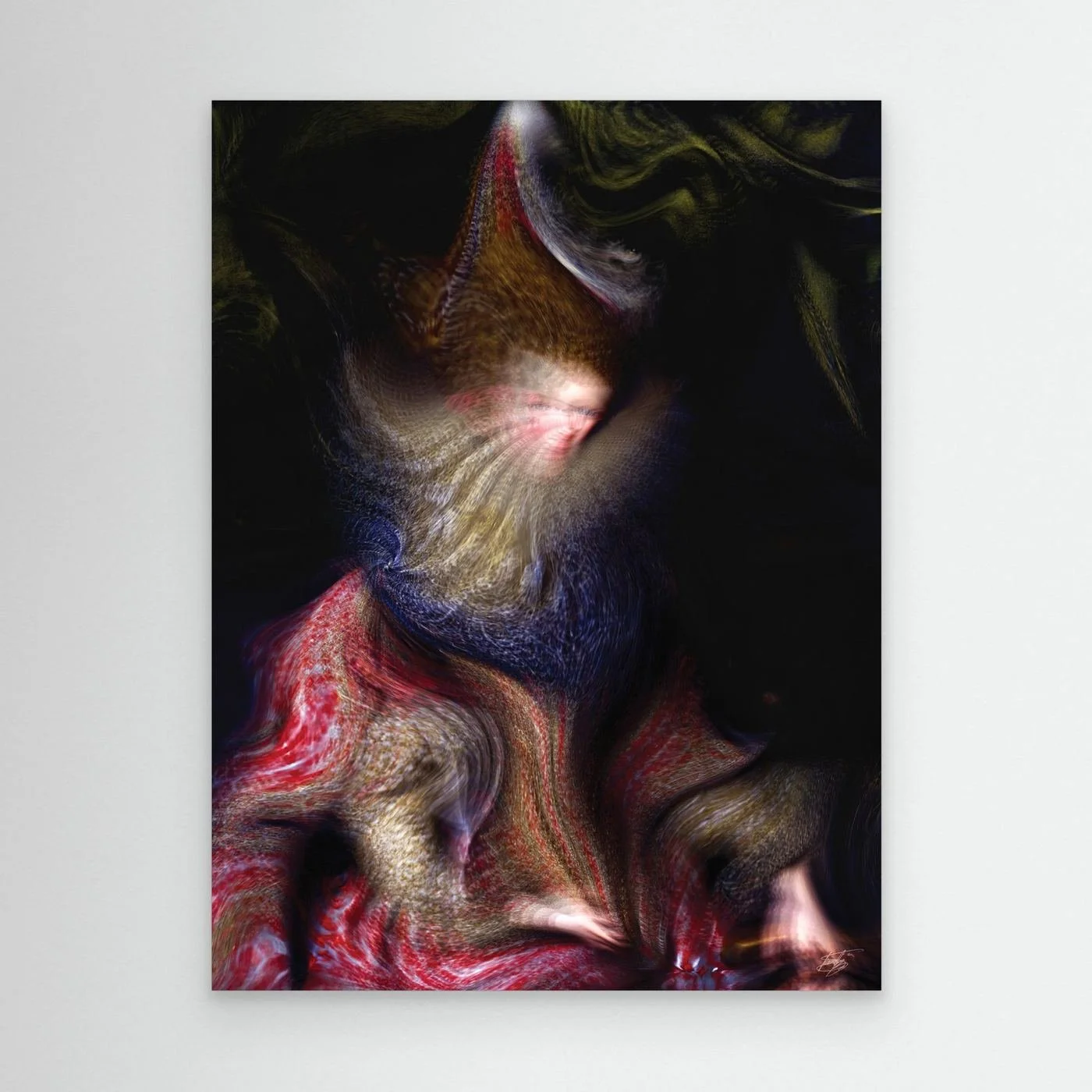 Contemporary fine art print of an abstract and surrealist deconstruction of a classical portrait, in crimson red, old gold, and navy blue, framed and ready to hang.