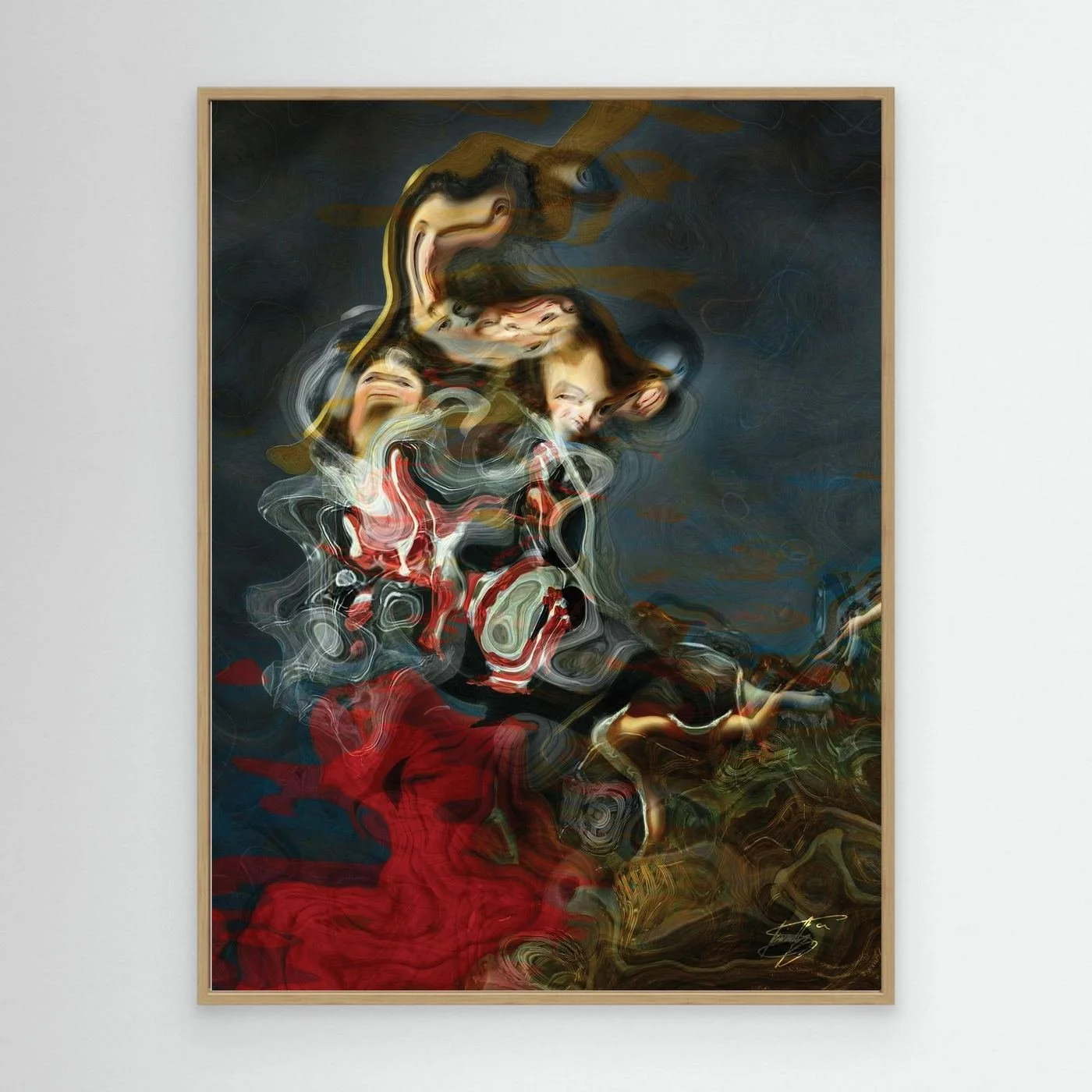 Contemporary fine art print of a surreal, liquid deconstruction of Baroque cherub figures with smoky textures and a crimson red and ocher color palette, framed and ready to hang. With wooden frame