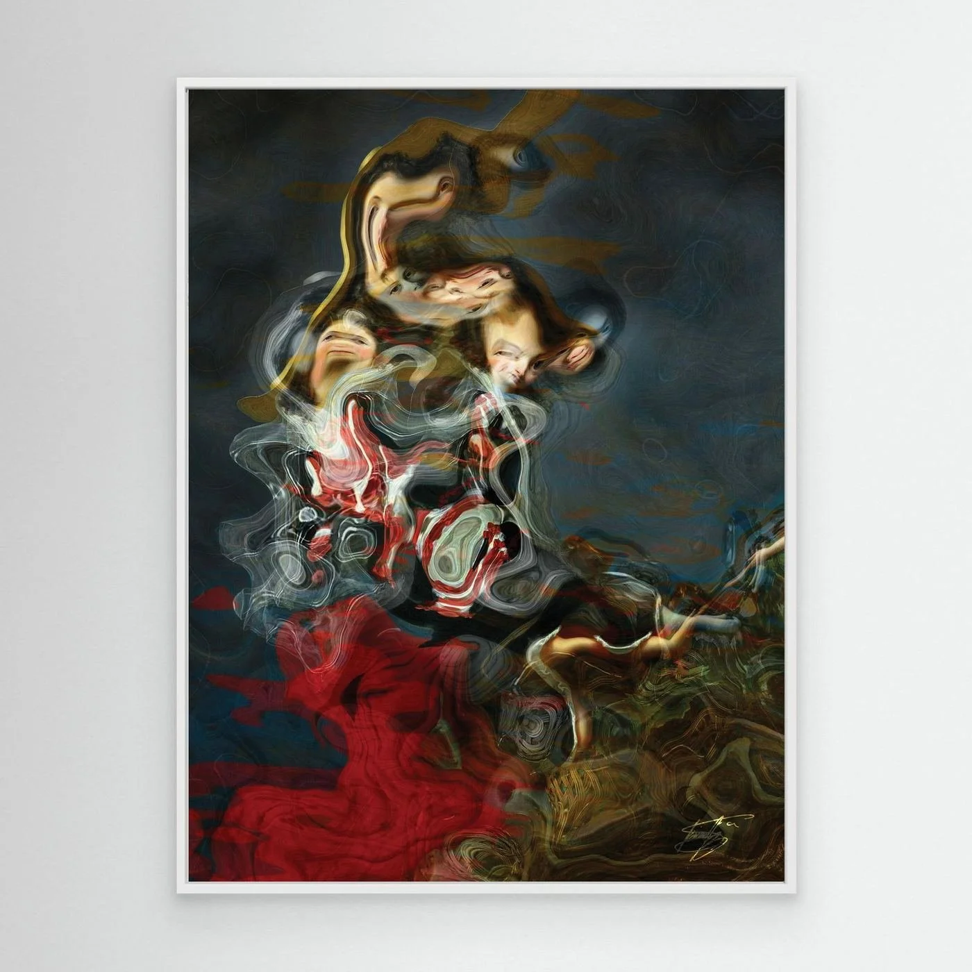Contemporary fine art print of a surreal, liquid deconstruction of Baroque cherub figures with smoky textures and a crimson red and ocher color palette, framed and ready to hang. With white frame