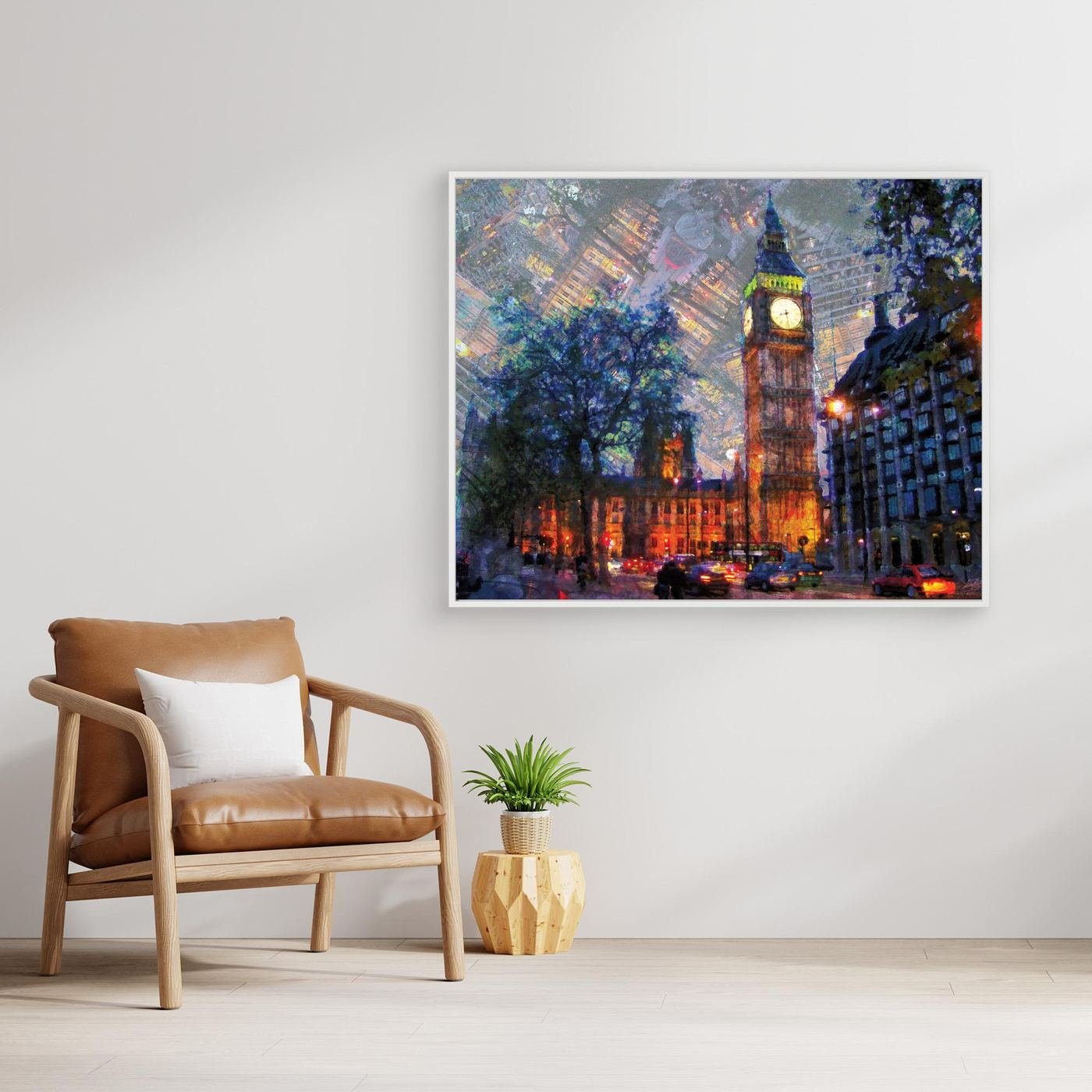Impressionist fine art print showcasing London's Big Ben illuminated at night with a surreal textured sky featuring inverted city architectural patterns, framed and ready to hang. With chair