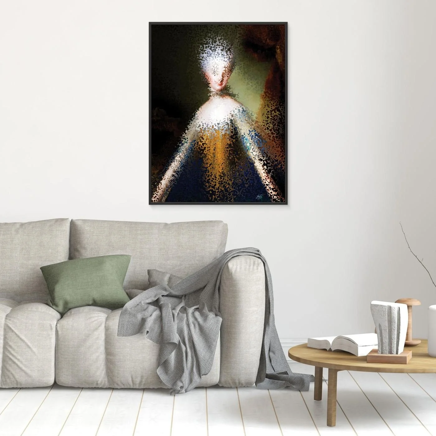 Contemporary fine art print showcasing a deconstructed classical royal portrait with complex fractal and cellular stipple patterns in gold and dark blue, framed and ready to hang. In living room
