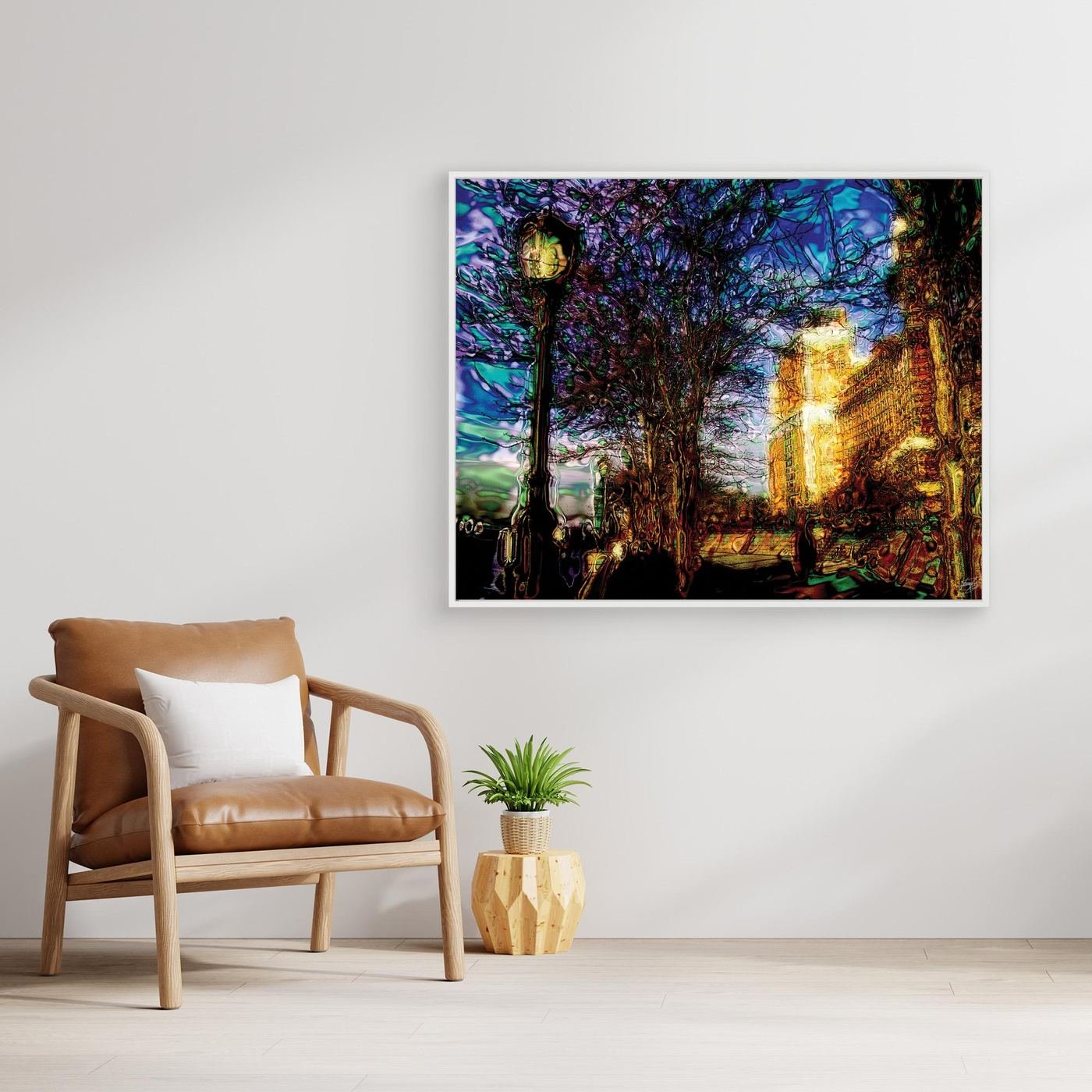 Abstract fine art print of a surreal city park at night with street lamp, bare trees, and electric blue, purple, and glowing gold liquid textures, framed and ready to hang. With chair
