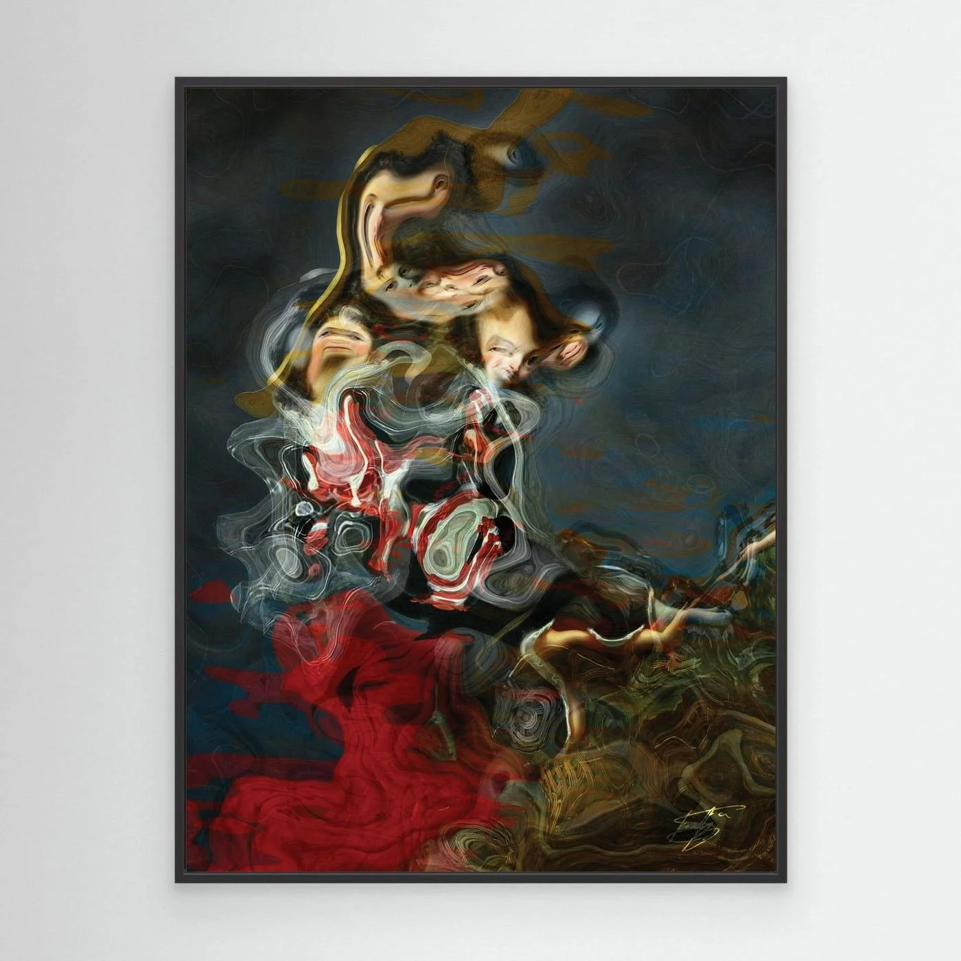 Contemporary fine art print of a surreal, liquid deconstruction of Baroque cherub figures with smoky textures and a crimson red and ocher color palette, framed and ready to hang. With black frame