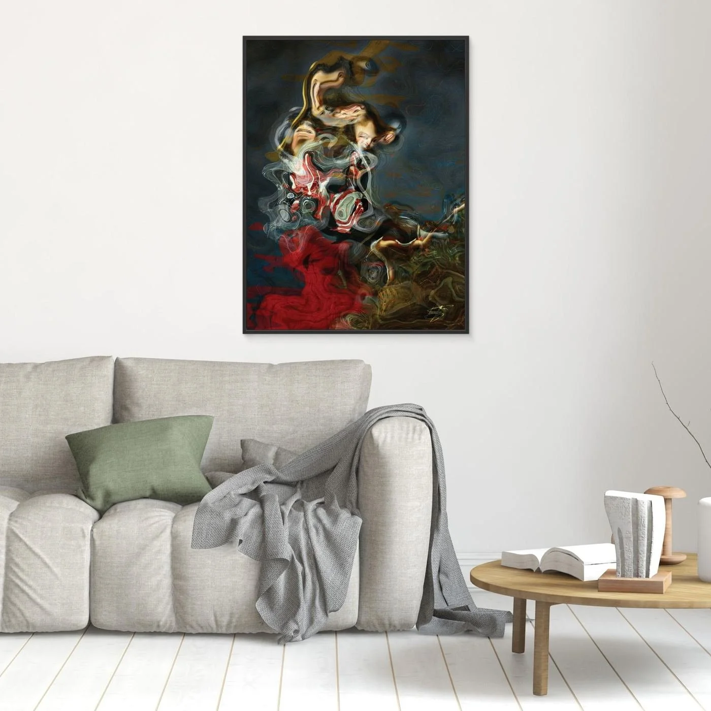 Contemporary fine art print of a surreal, liquid deconstruction of Baroque cherub figures with smoky textures and a crimson red and ocher color palette, framed and ready to hang. In living room