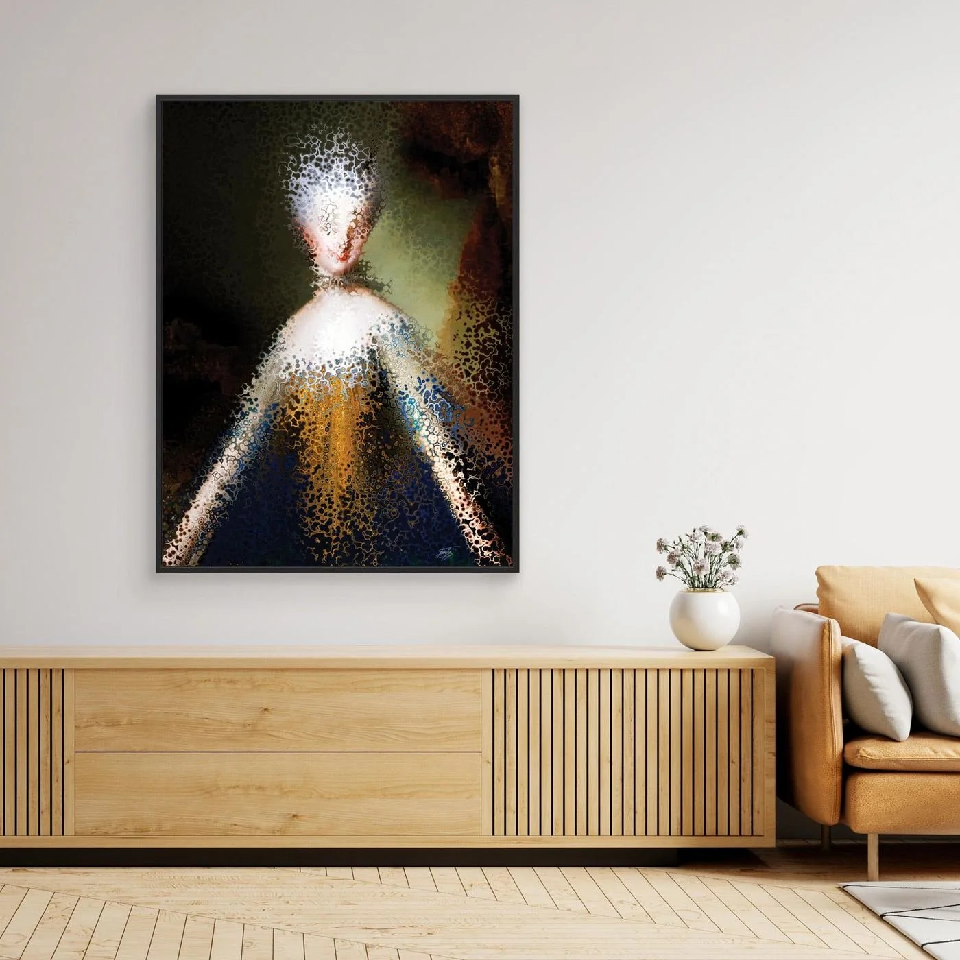 Contemporary fine art print showcasing a deconstructed classical royal portrait with complex fractal and cellular stipple patterns in gold and dark blue, framed and ready to hang. Over wooden console