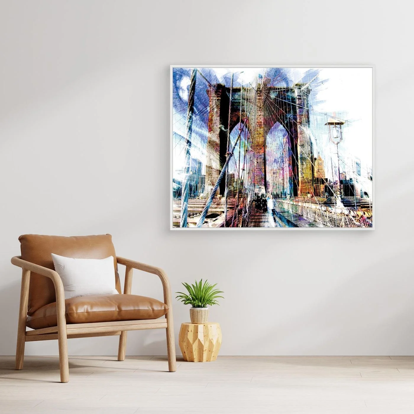 Expressionist fine art print of a dramatic walking perspective of the Brooklyn Bridge with high-contrast architectural line textures and bright highlights, framed and ready to hang. With chair