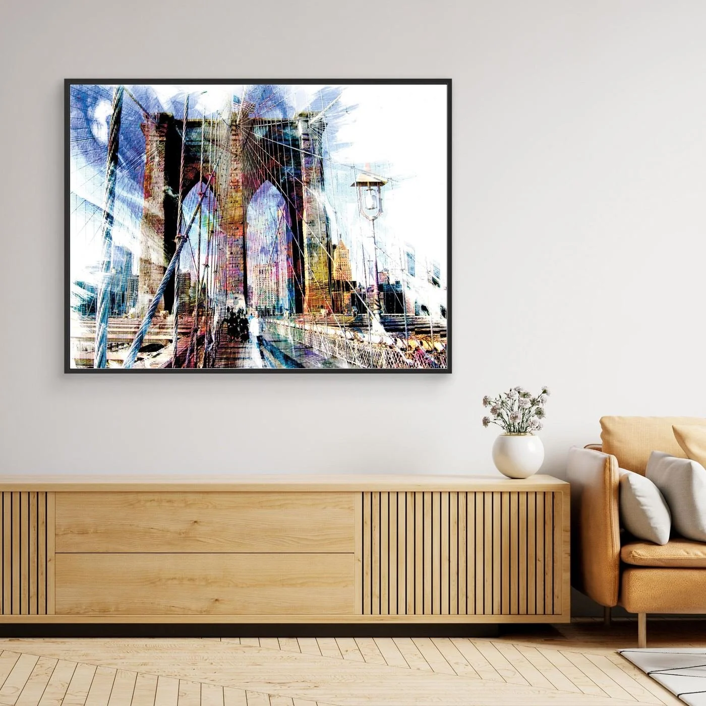 Expressionist fine art print of a dramatic walking perspective of the Brooklyn Bridge with high-contrast architectural line textures and bright highlights, framed and ready to hang. Over console