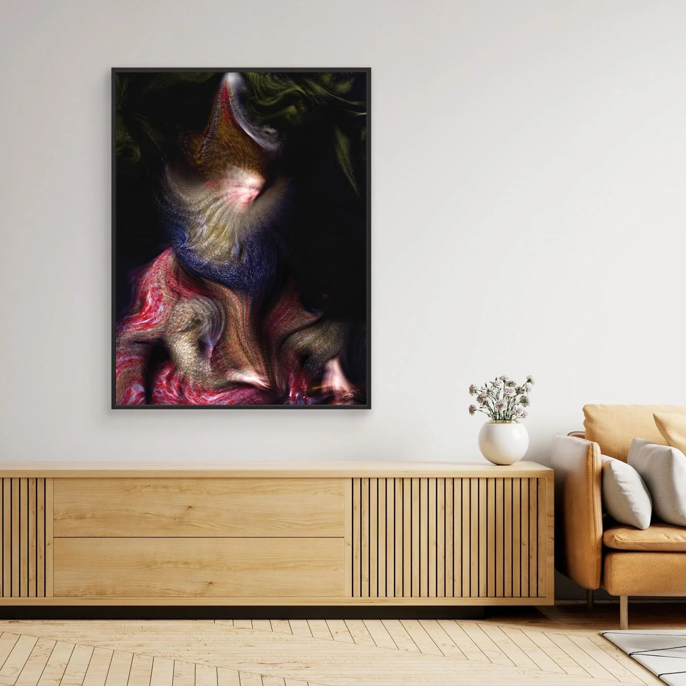 Contemporary fine art print of an abstract and surrealist deconstruction of a classical portrait, in crimson red, old gold, and navy blue, framed and ready to hang. Over wooden console