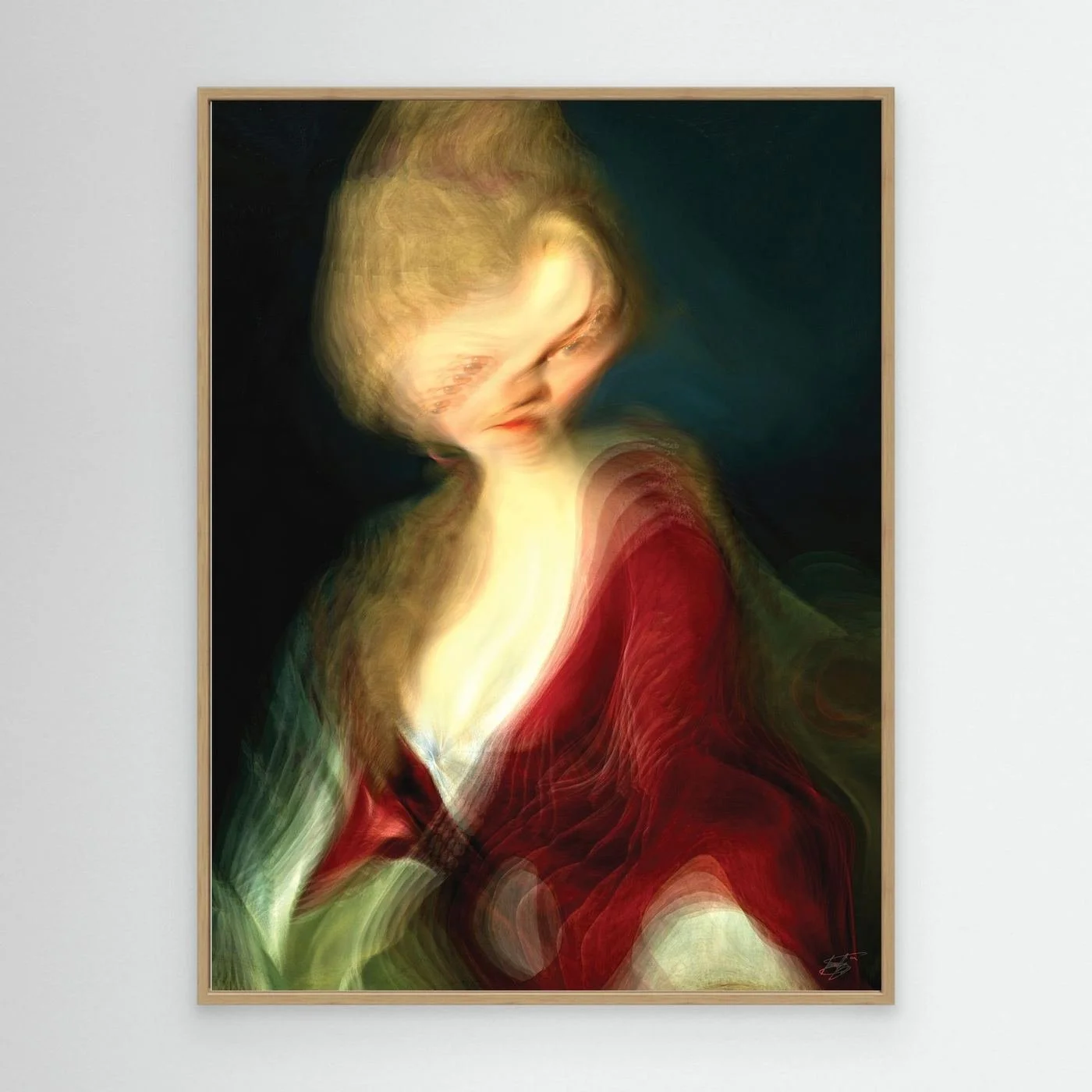 Contemporary fine art print of a surreal liquid deconstruction of a classical portrait with a towering blonde hairstyle and a flowing crimson red gown, framed and ready to hang. With wooden frame