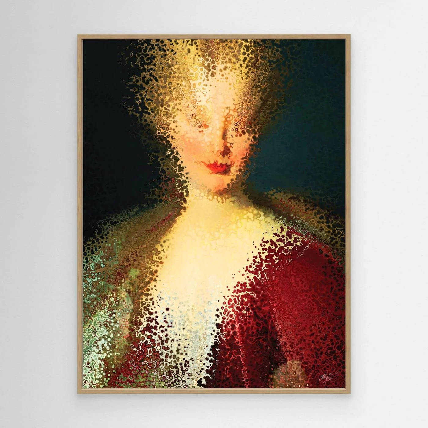 Contemporary fine art print of a deconstructed classical portrait of a woman dissolving into stipple textures in warm gold and deep crimson red, framed and ready to hang. With wooden frame