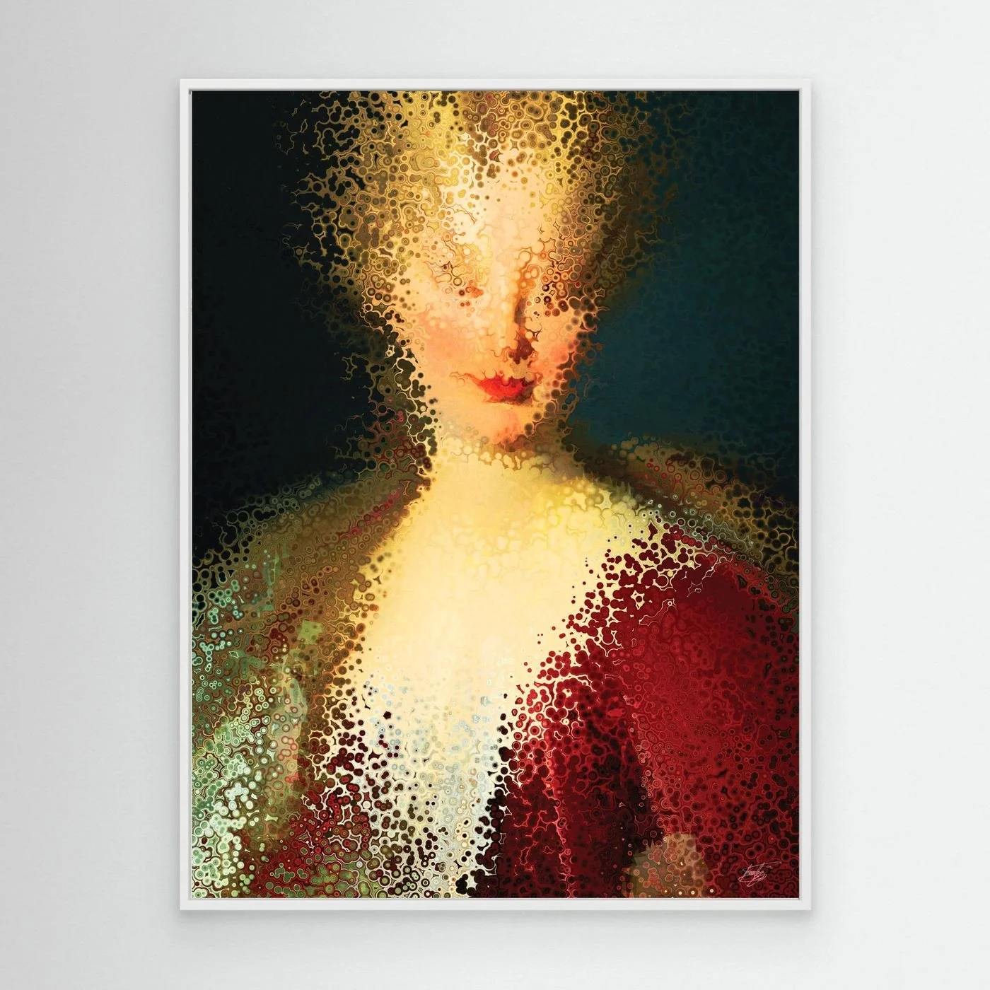 Contemporary fine art print of a deconstructed classical portrait of a woman dissolving into stipple textures in warm gold and deep crimson red, framed and ready to hang. With white frame
