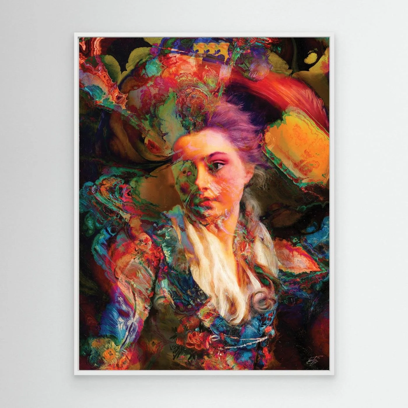 Vibrant fine art print of a surreal classical portrait merged with psychedelic fluid textures in electric blue, magenta, and fiery orange cloud backgrounds, framed and ready to hang. With white frame