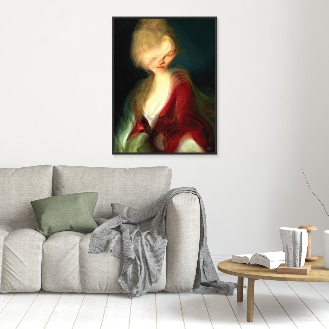 Contemporary fine art print of a surreal liquid deconstruction of a classical portrait with a towering blonde hairstyle and a flowing crimson red gown, framed and ready to hang. In living room