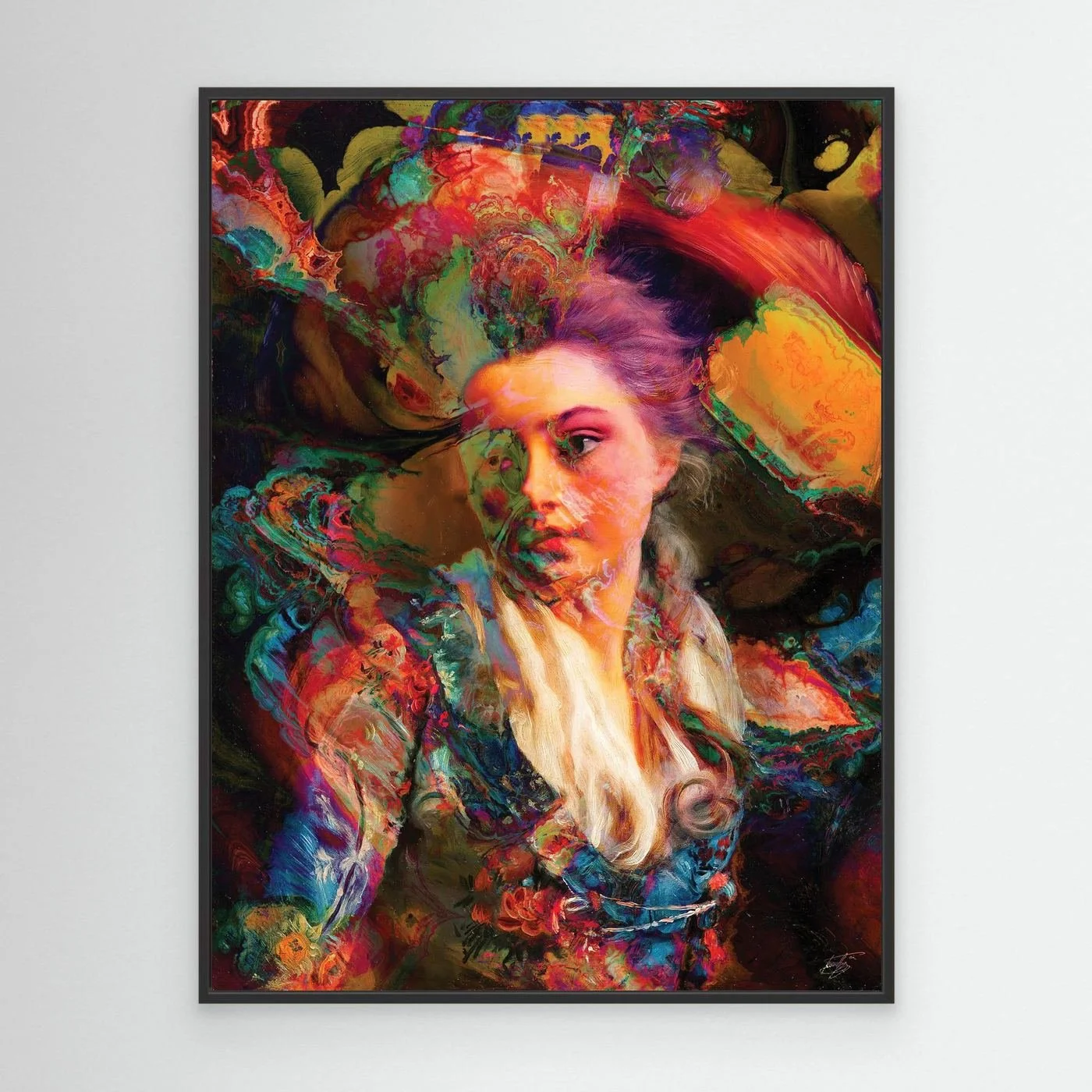 Vibrant fine art print of a surreal classical portrait merged with psychedelic fluid textures in electric blue, magenta, and fiery orange cloud backgrounds, framed and ready to hang. With black frame