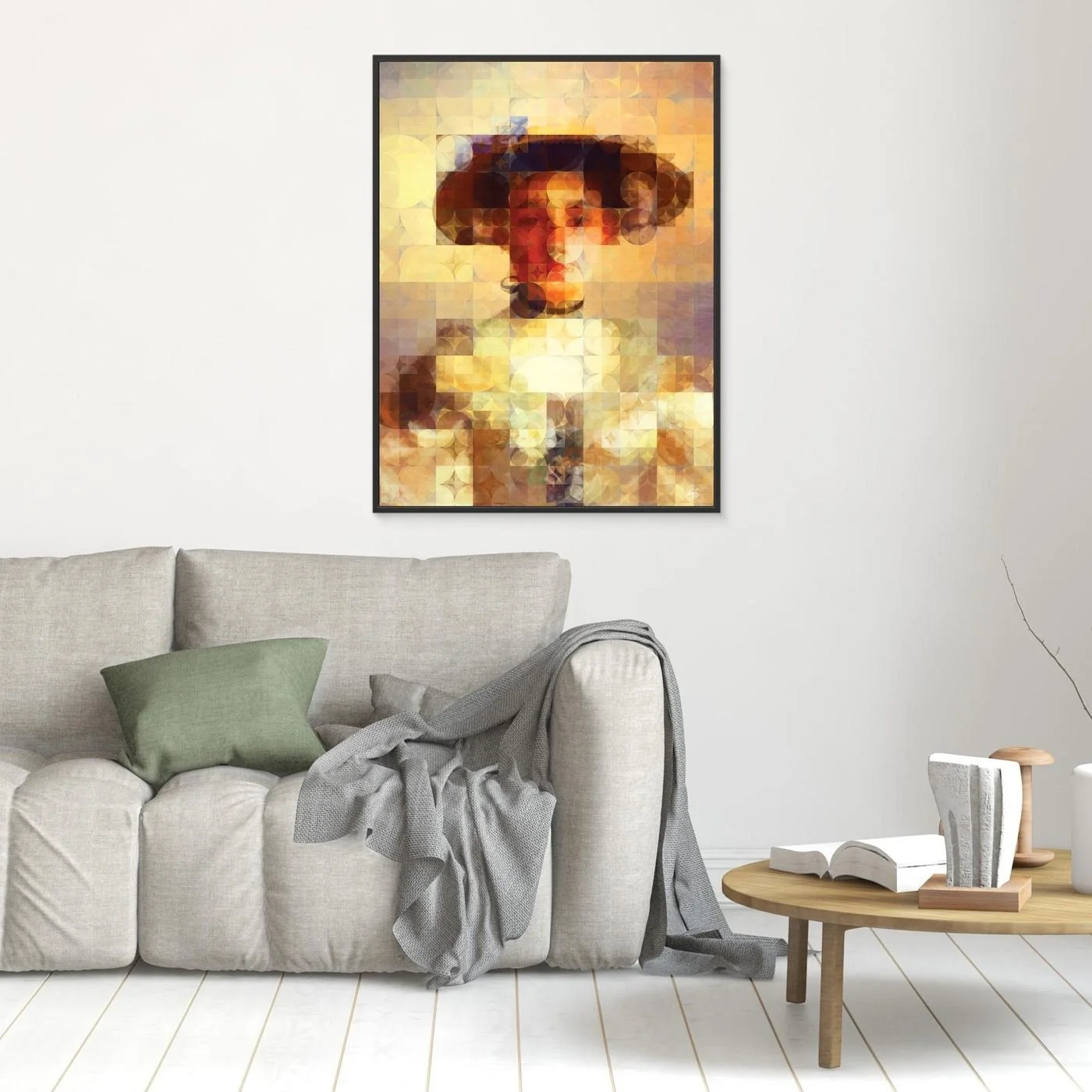 Contemporary fine art print of a classical portrait of a lady with hat, on a geometric grid of circular patterns in bright gold, cream, and beige tones, framed and ready to hang. In living room