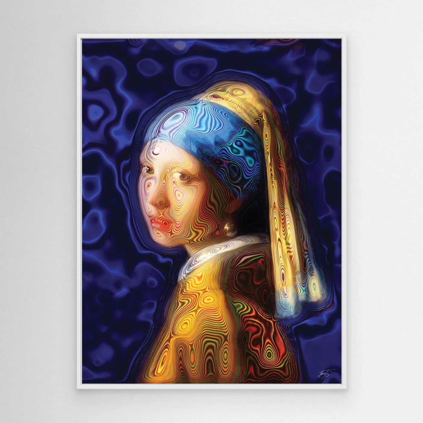 Contemporary fine art print of a psychedelic reinterpretation of Vermeer's Girl with a Pearl Earring, with vibrant blue and gold patterns, framed and ready to hang. With white frame