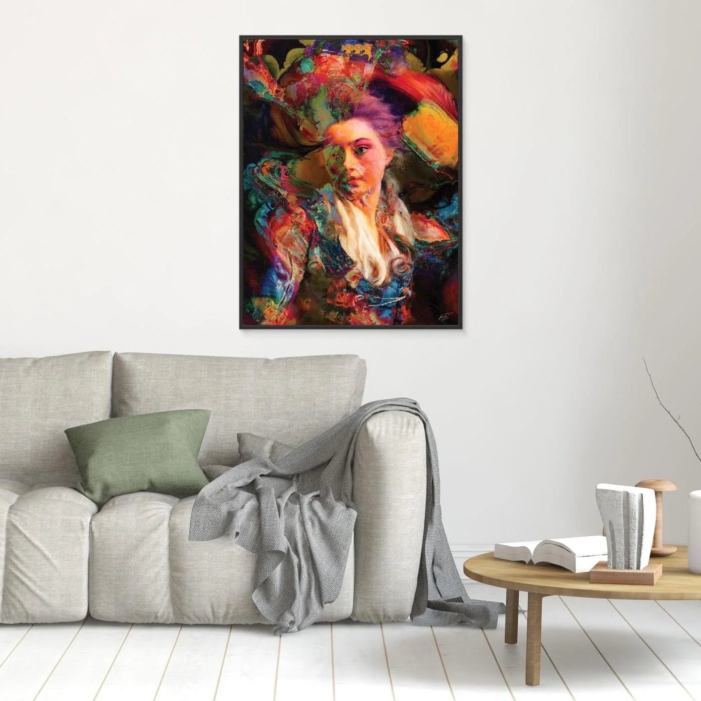 Vibrant fine art print of a surreal classical portrait merged with psychedelic fluid textures in electric blue, magenta, and fiery orange cloud backgrounds, framed and ready to hang. In living room
