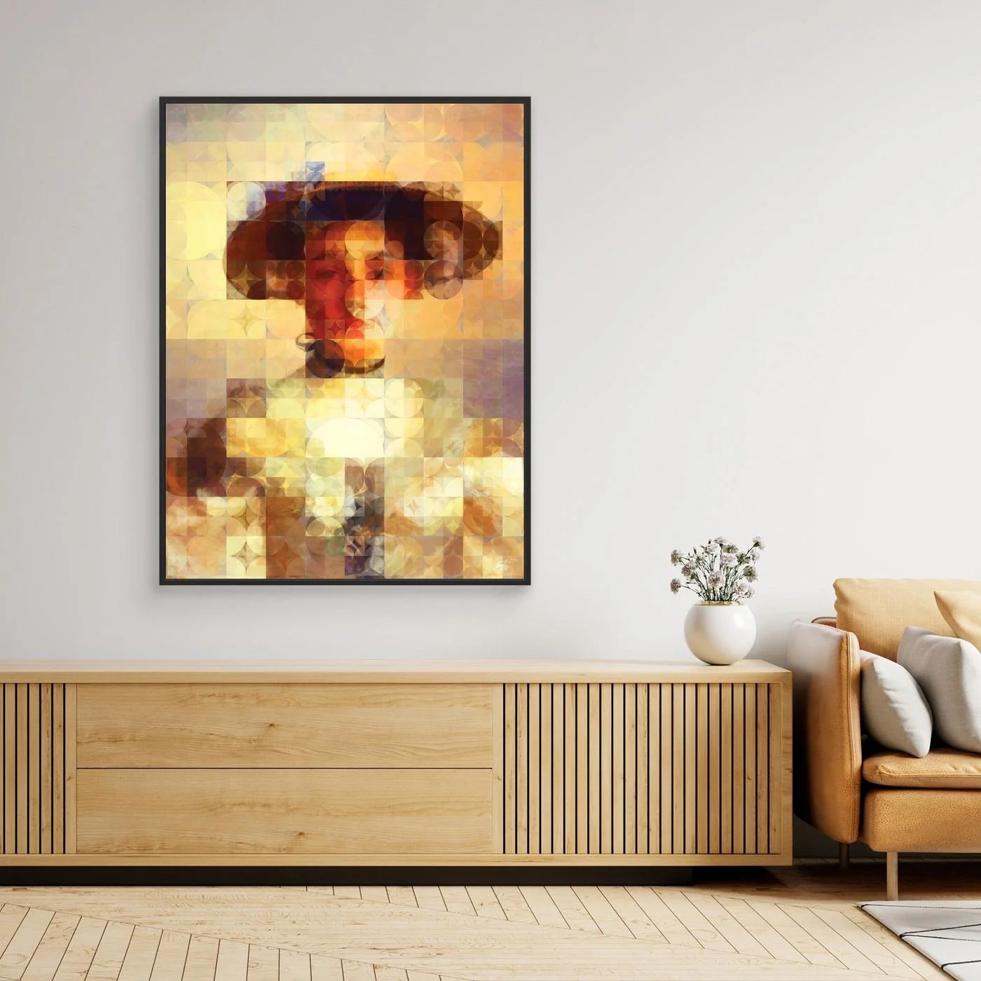 Contemporary fine art print of a classical portrait of a lady with hat, on a geometric grid of circular patterns in bright gold, cream, and beige tones, framed and ready to hang. Over wooden console