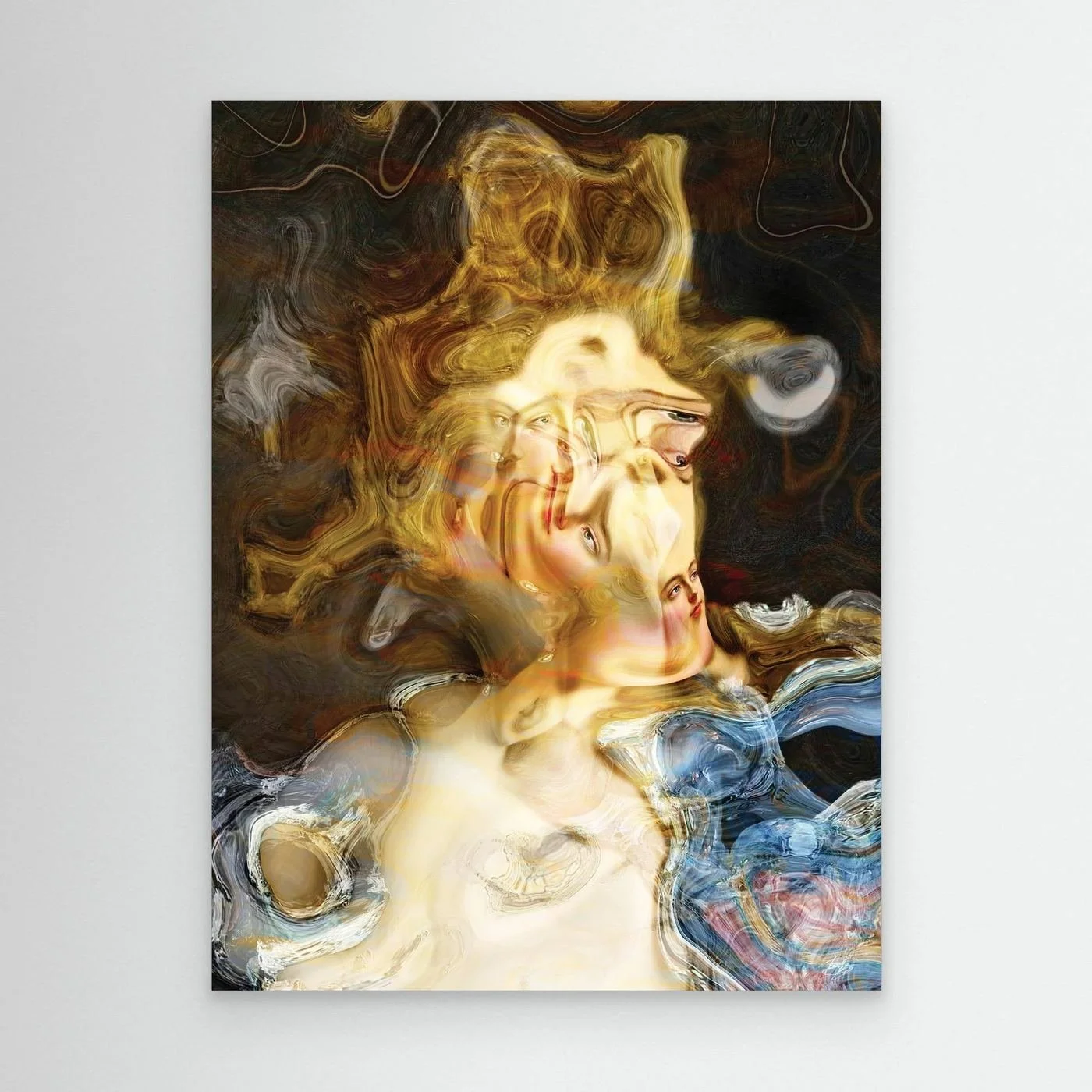 Contemporary fine art print of a surreal liquid deconstruction of classical Renaissance faces melting into swirling golden marble textures, framed and ready to hang.