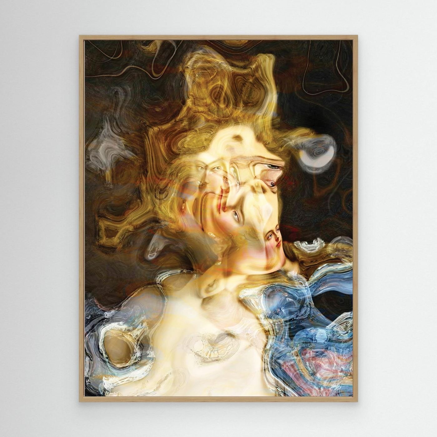 Contemporary fine art print of a surreal liquid deconstruction of classical Renaissance faces melting into swirling golden marble textures, framed and ready to hang. With wooden frame