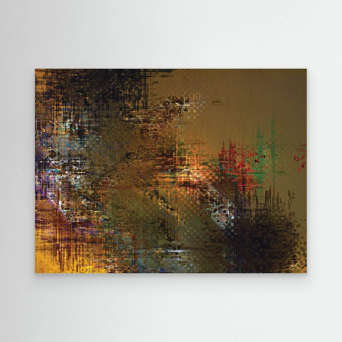 Abstract fine art print showcasing intricate glitch patterns and geometric grids overlaying a muted brown background with industrial tones, framed and ready to hang.