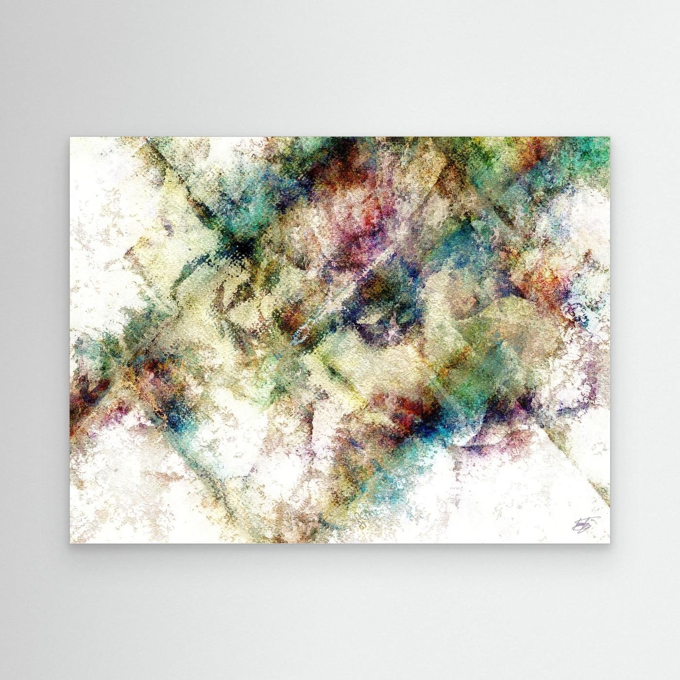 Abstract fine art print with heavy distressed textures and geometric overlays in green, gold, and burgundy tones on a bright background, framed and ready to hang.