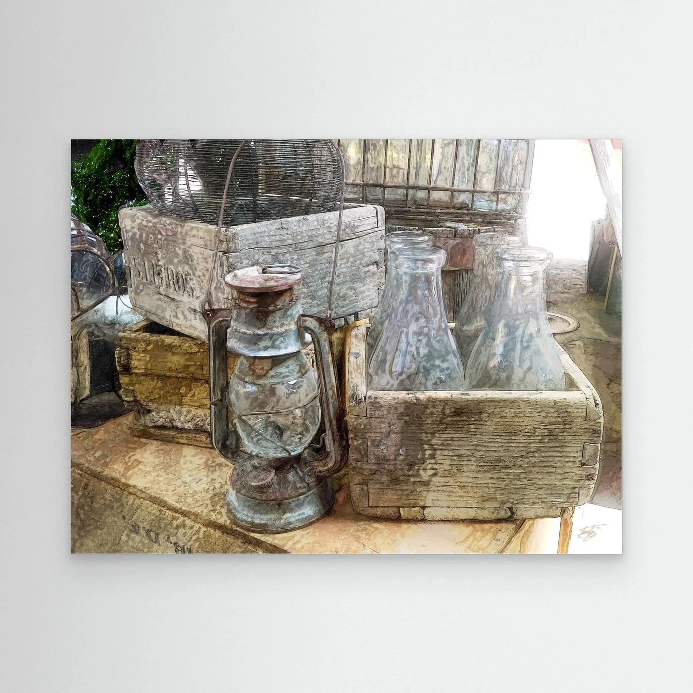 Vintage-style fine art print featuring an antique kerosene lantern, clear glass bottles in a rustic wooden crate, and weathered textures in warm neutral tones, framed and ready to hang.