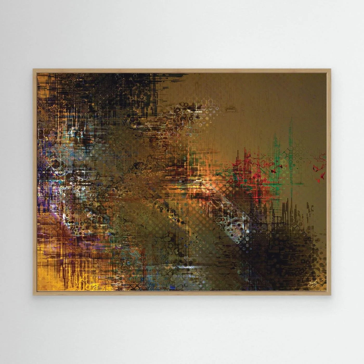 Abstract fine art print showcasing intricate glitch patterns and geometric grids overlaying a muted brown background with industrial tones, framed and ready to hang. With wooden frame