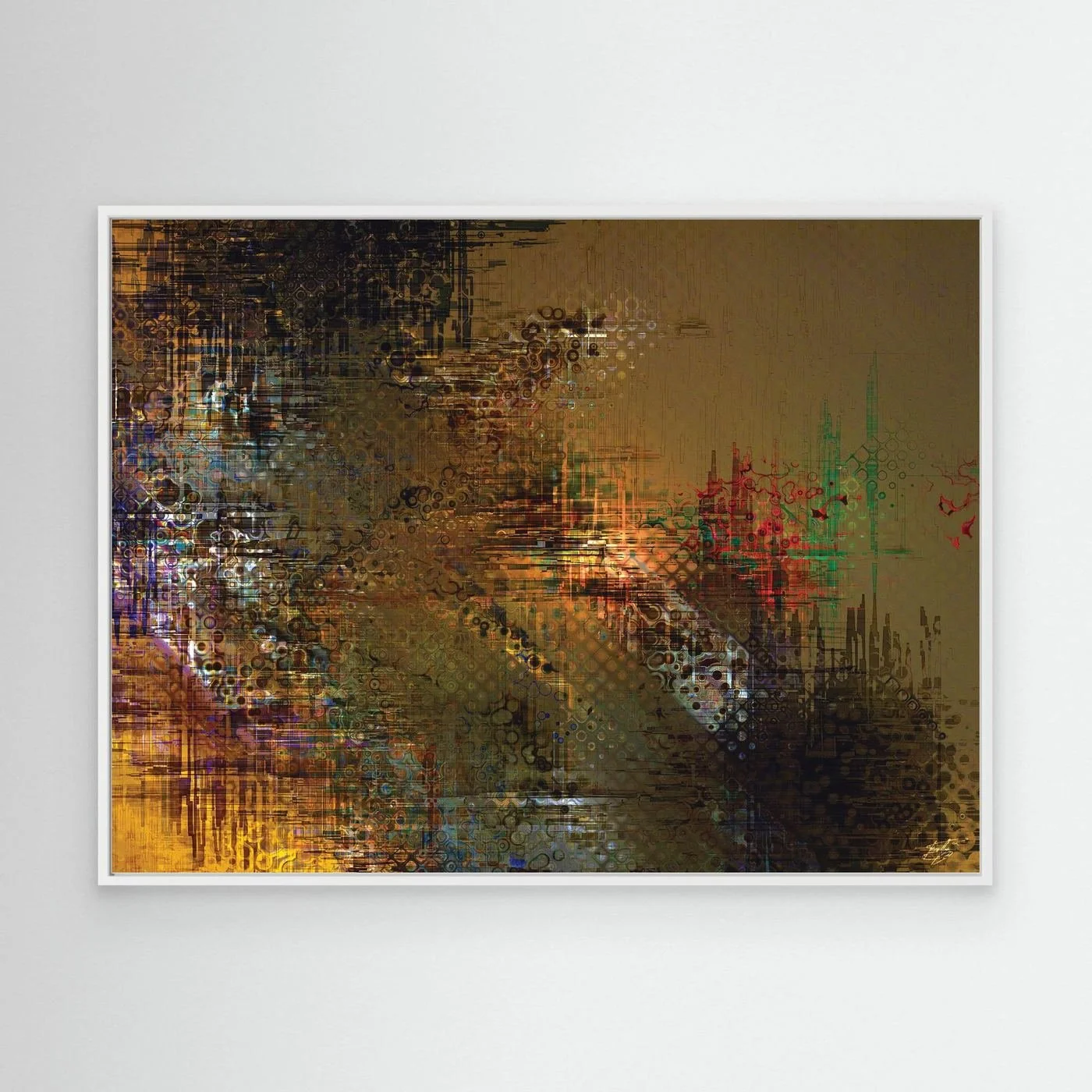 Abstract fine art print showcasing intricate glitch patterns and geometric grids overlaying a muted brown background with industrial tones, framed and ready to hang. With white frame