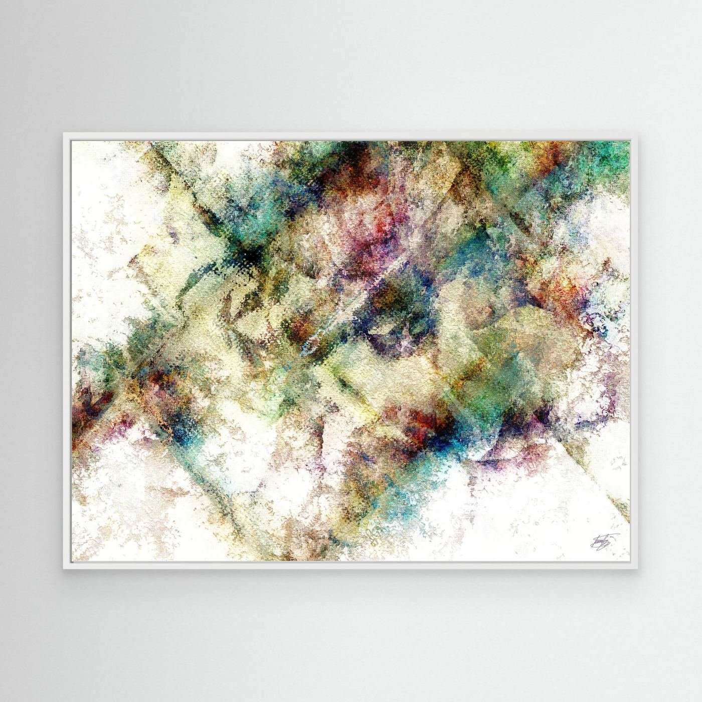 Abstract fine art print with heavy distressed textures and geometric overlays in green, gold, and burgundy tones on a bright background, framed and ready to hang. With white frame