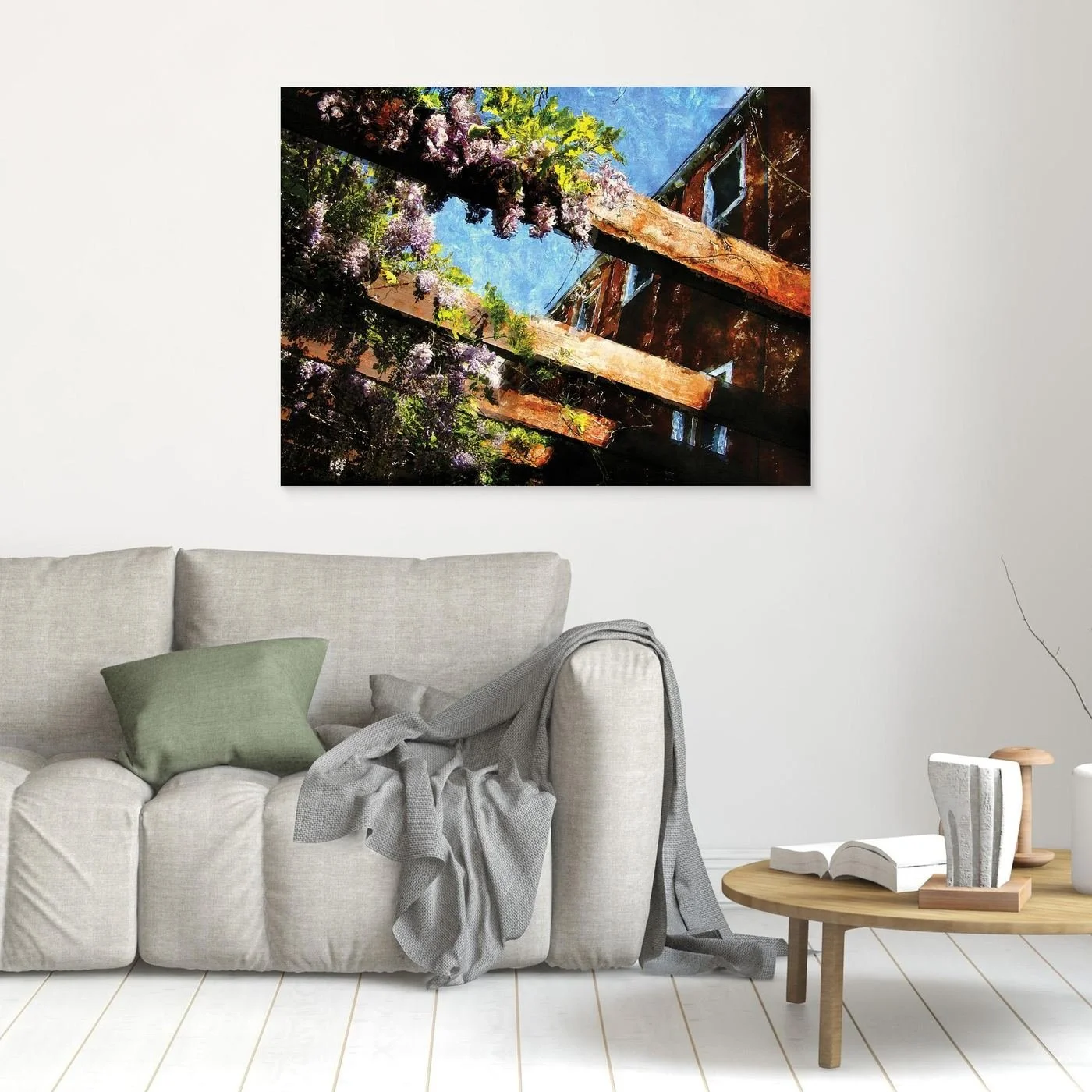 Impressionist fine art print showcasing purple wisteria flowers climbing over rustic wooden pergola beams against a textured blue sky, framed and ready to hang. In living room