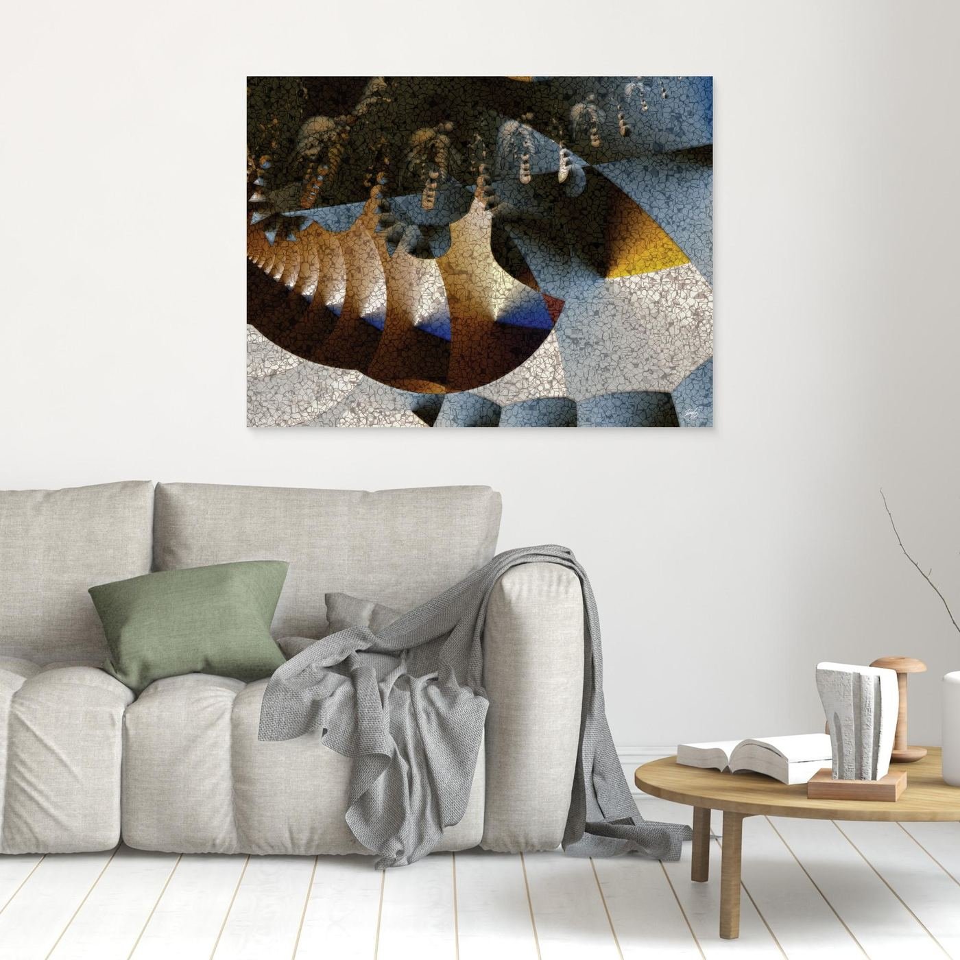 Abstract fine art print featuring textured geometric shapes, mosaic patterns, and a color palette of gold, brown, and blue, framed and ready to hang. In living room