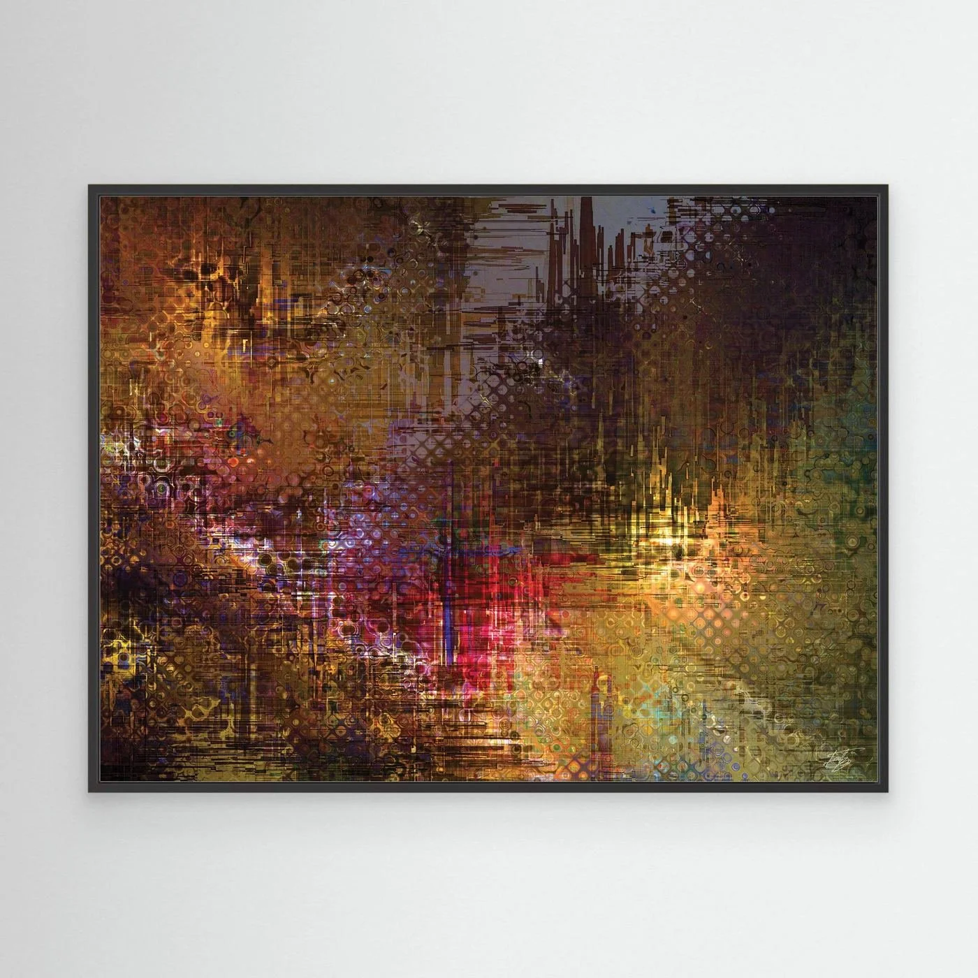 Abstract fine art print evoking a textured futuristic city skyline with complex digital glitch patterns and geometric grids in bronze, gold, and red tones, framed and ready to hang. With black frame
