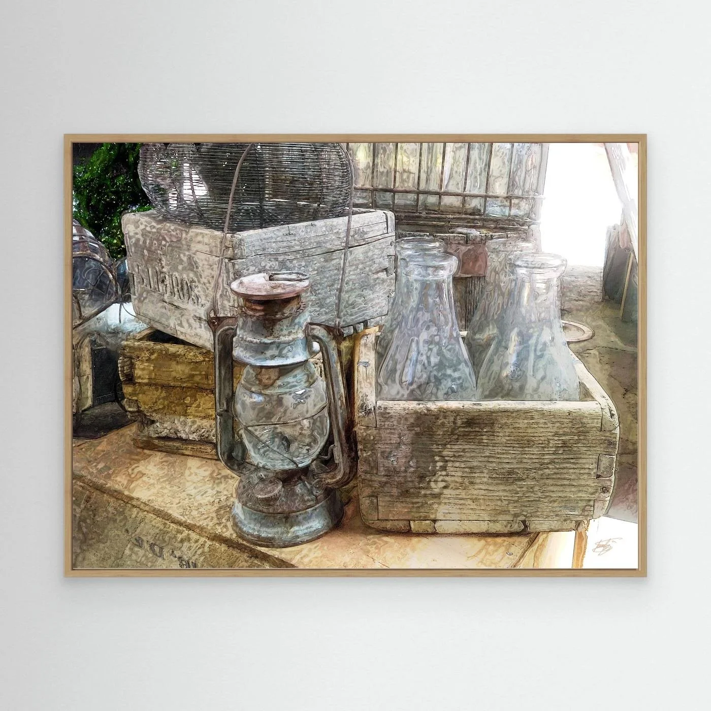 Vintage fine art print of an antique kerosene lantern, glass bottles in a rustic wooden crate, and weathered textures in warm neutral tones, framed and ready to hang. With wooden frame