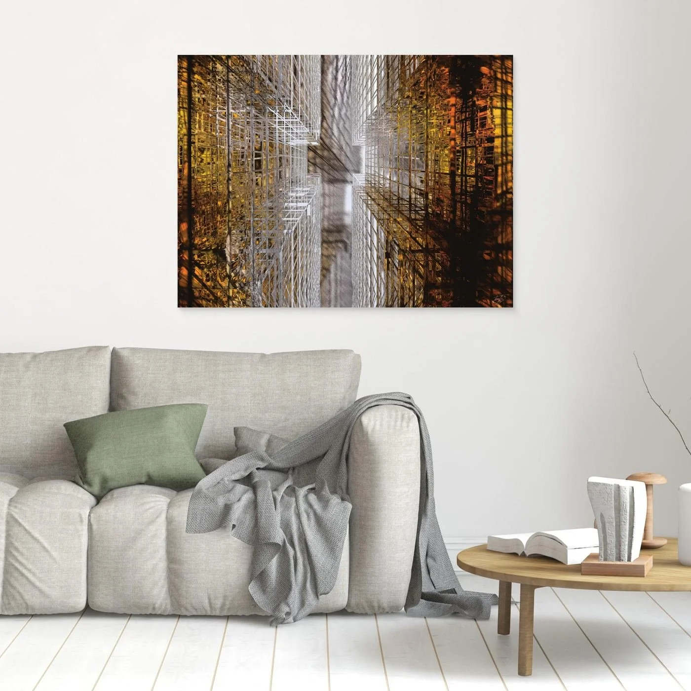 Abstract fine art print showing a dramatic top-down perspective of intricate geometric grid structures in industrial gold and silver tones, framed and ready to hang. In living room