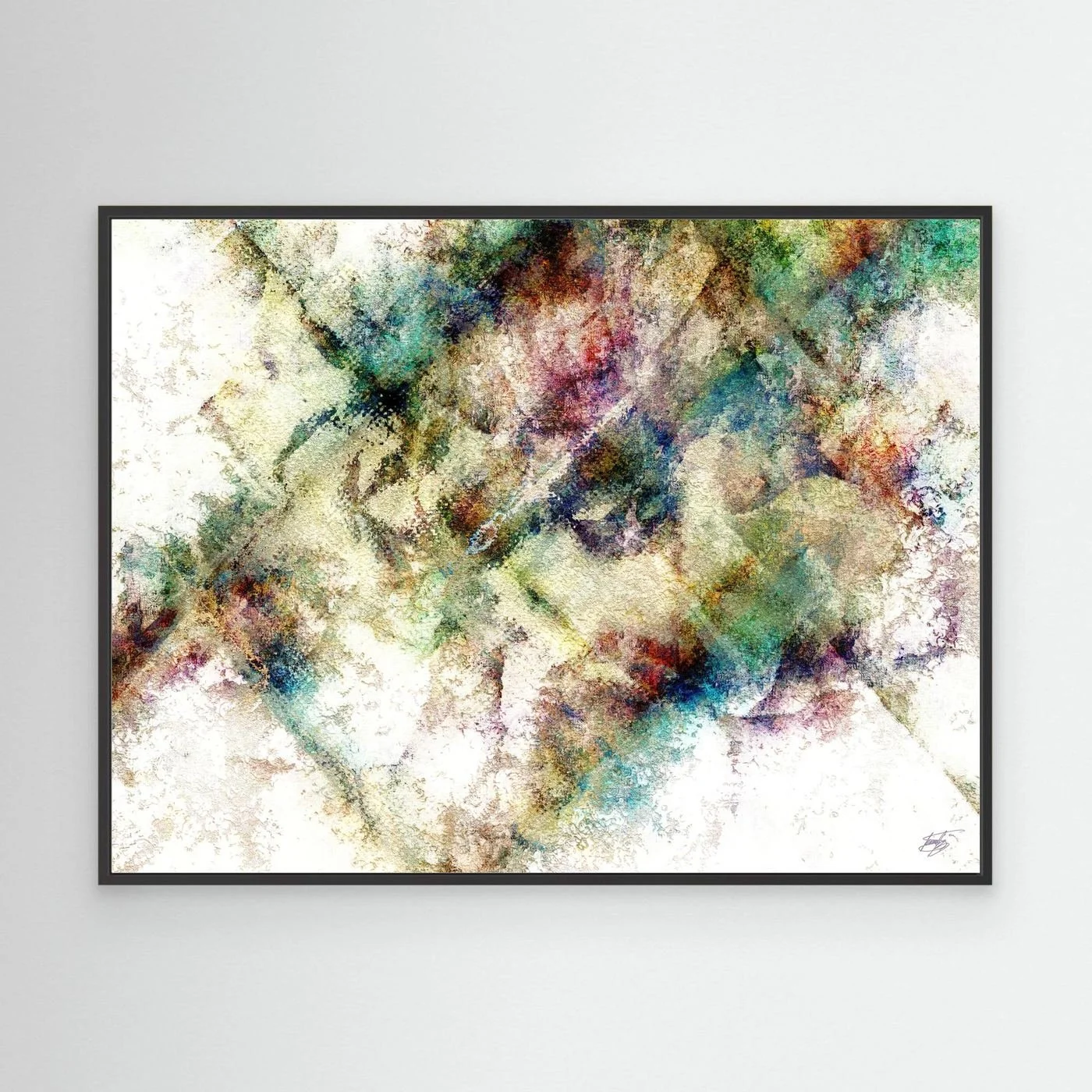 Abstract fine art print with heavy distressed textures and geometric overlays in green, gold, and burgundy tones on a bright background, framed and ready to hang. With black frame