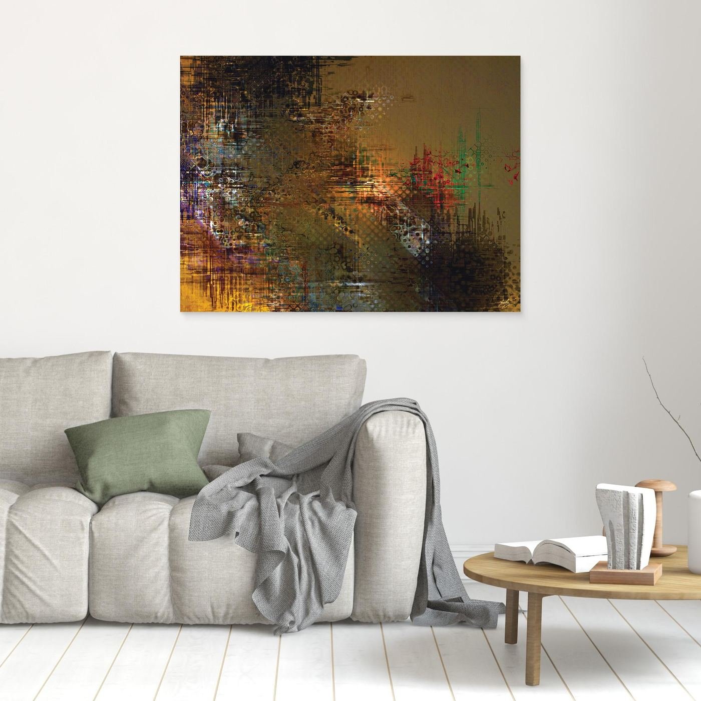 Abstract fine art print showcasing intricate glitch patterns and geometric grids overlaying a muted brown background with industrial tones, framed and ready to hang. In living room
