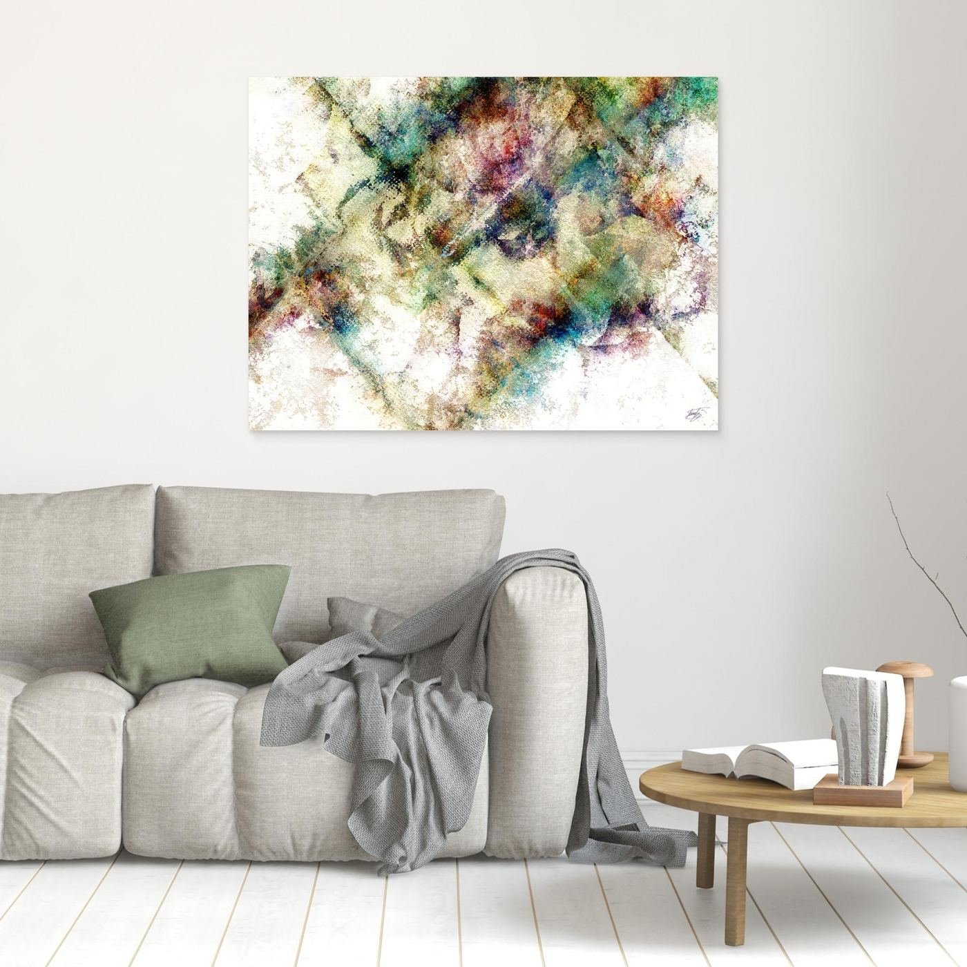 Abstract fine art print with heavy distressed textures and geometric overlays in green, gold, and burgundy tones on a bright background, framed and ready to hang. In living room